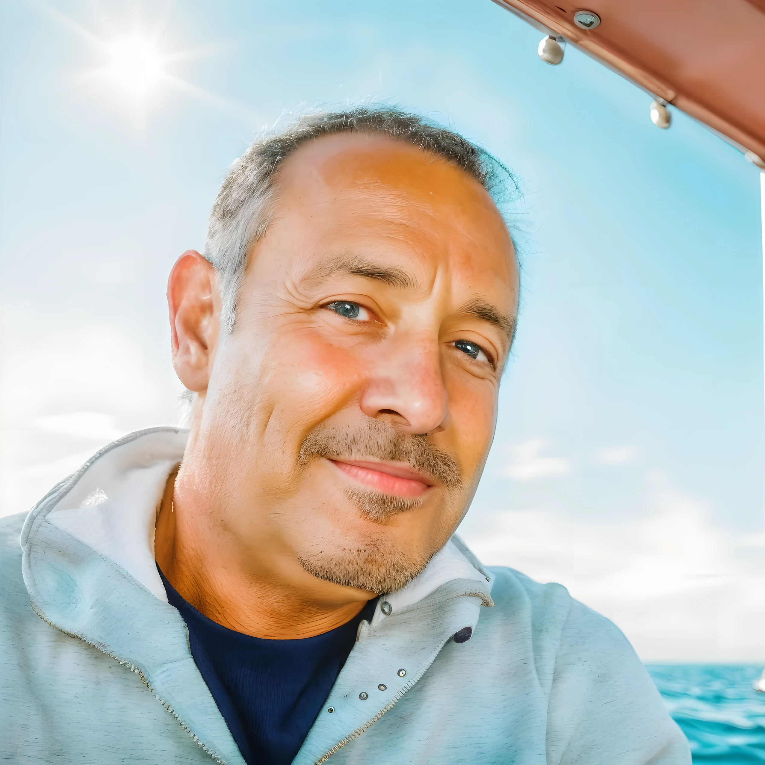 man in a blue jacket on a boat looking at the camera, man in his 40s, foto de un hombre, foto de retrato de cerca, hombre de mediana edad, a foto de un hombre, foto retrato, portrait photography, retrato, primer plano, de, chico, selfie de un hombre, hombre delgado con piel bronceada clara, retrato detallado, portrait photography en color