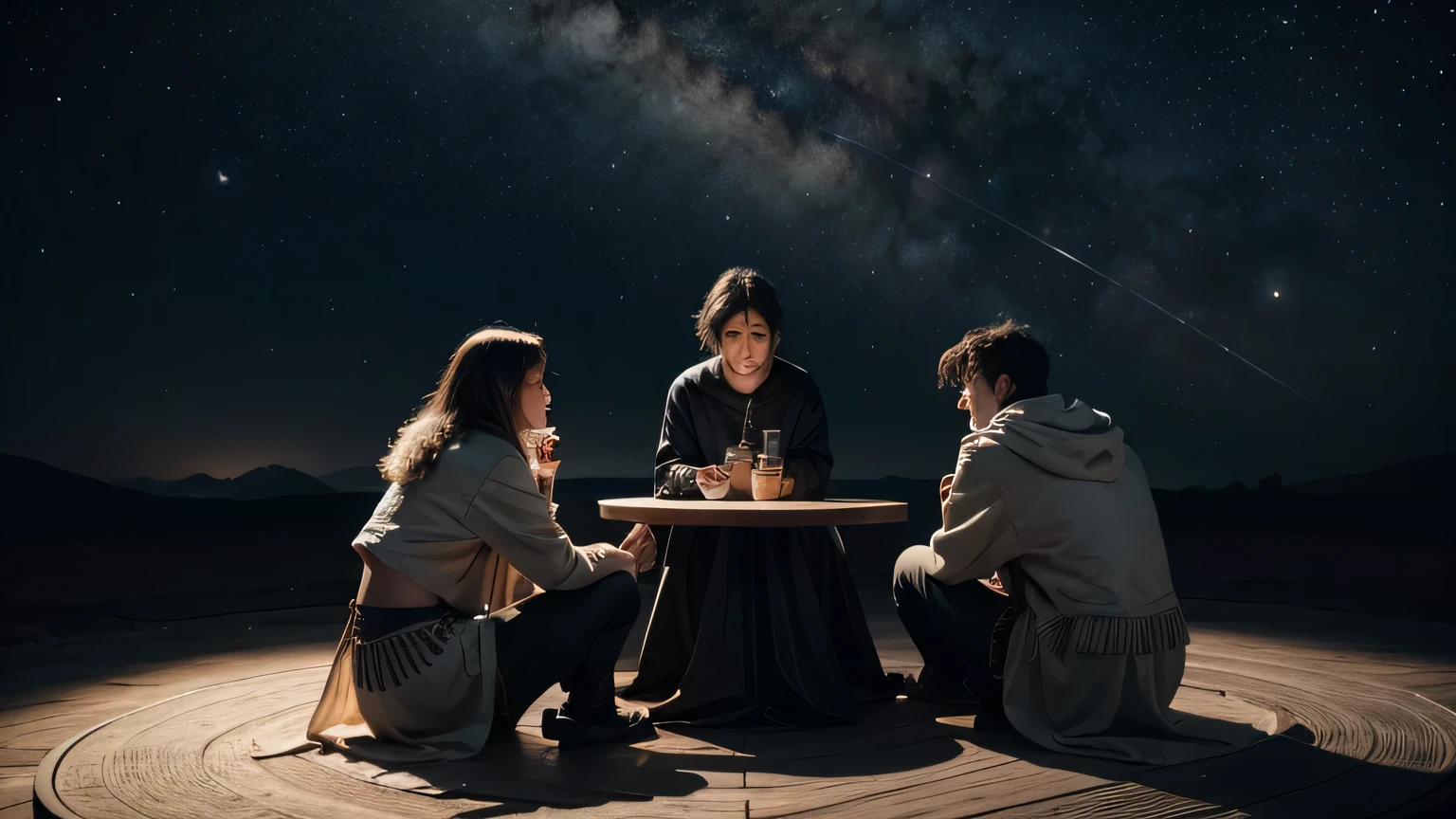 philosophers talking sitting in the middle of space with many planets and constellations, 8K