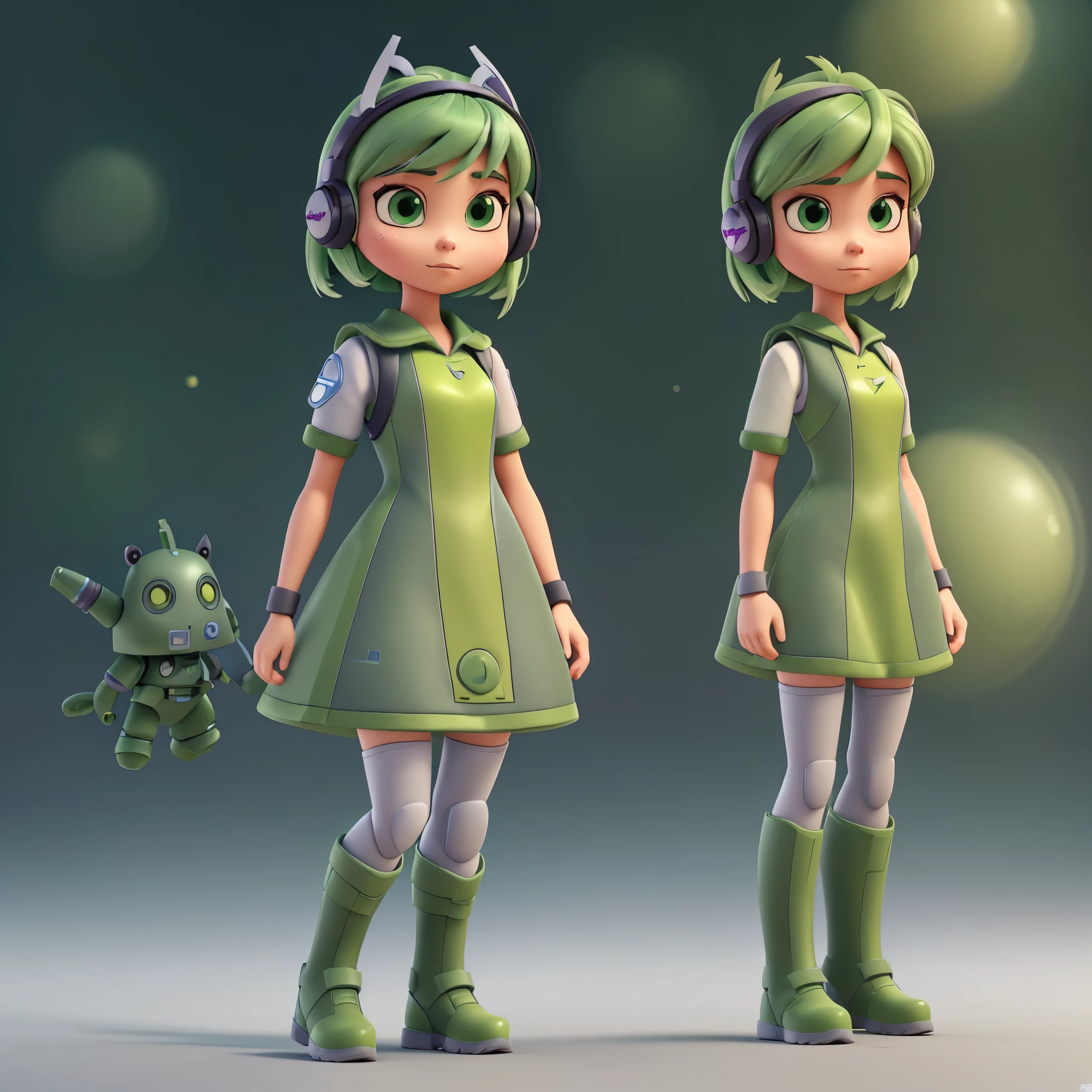 game character、18 year old female cartoon cyber robot character、（cyber punk）,headphone，pastel green bob cut hair、(((A large, baggy, dark green dress that looks like a battle uniform.)))、((super big boots))、(((full body shot)))、（frontal shot）、 cartoon characters, Stylized characters, Animation stylized rendering, Stylized 3D, Arnold Maya rendering , 3D stylized rendering, toon render keyshot, 3D character, Stylized 3Dレンダリング, cartoon characters、 cartoon characters, cartoon characters, （Pixar Style） （Masterpiece： 1. 2) (Bokeh) (highest quality) (delicate skin) (detailed texture) (8k) (Clay) (background white) (sharp focus)
