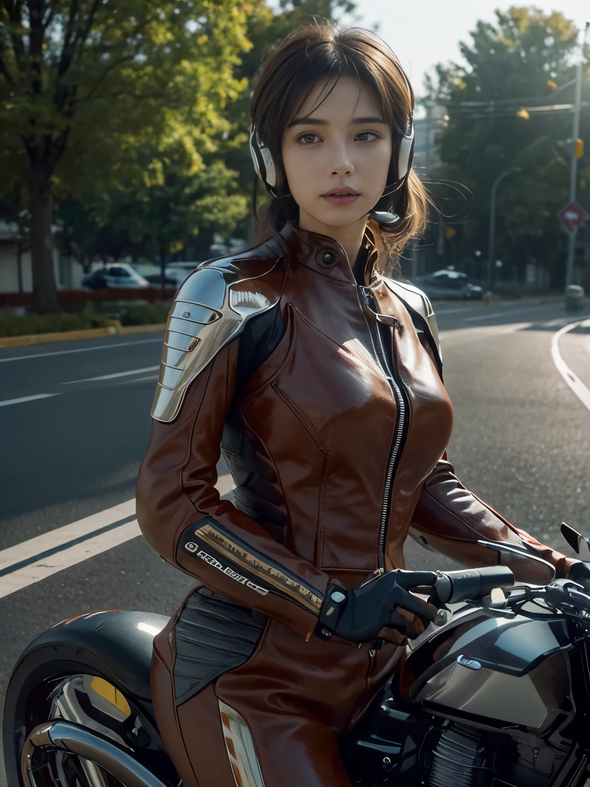 (((A woman with a mechanized body))), dynamic podium: 1.3), (realistic:1.5), (realistic:1.4), 8k, Super detailed beautiful girl, 1 girl, (a sunny day:1.5), intricate body details (highest quality: 1.0), (Super high sharpness: 1.0),(Beautiful and delicate depiction of eyes),(((ride a motorcycle))),unreal engine:1.4,photorealistic:1.4, skin texture:1.4, masterpiece:1.8,highest quality at best,(Wearing the communication headset、future city、((mechanized body))、(((brown leather suit)))、(gears in joints)、smile