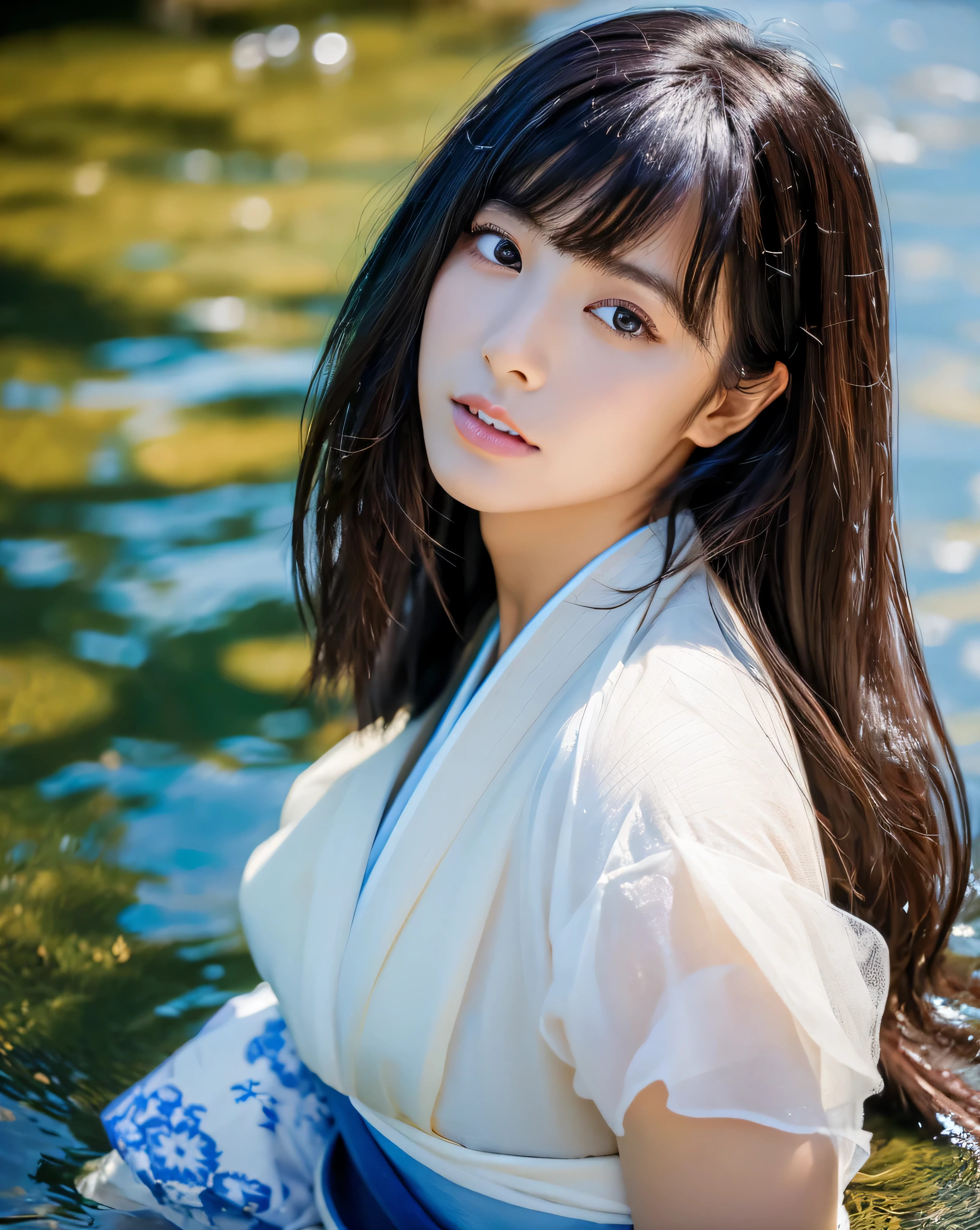 (high quality, 4k, 8k, High resolution, realistic, masterpiece:1.2)beautiful japanese woman, (whole body:1.5),complex colored black hair, shiny long hair, asymmetrical bangs, big magic eyes, High resolutionの美しい瞳, thin eyebrows, smooth soft skin, pale pink lips, (beautiful white kimono:1.3), beautiful posture, clear blue sea, Sleeping on your back in shallow water, professional lighting, professional photographer