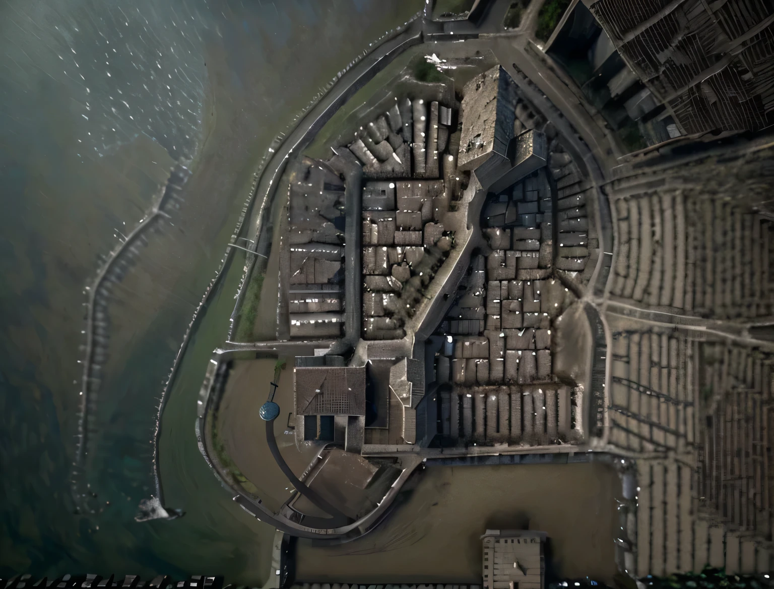 fantasy street,distant view from above,The Empty City,frowning,medieval,map,From top to bottom,(Best quality,4k,8K,A high resolution,Masterpiece:1.2),ultra detailed,(Realistic,photoRealistic,photo-Realistic:1.37),HDR,UHD,Studio lighting,ultra fine painting,sharp focus,physically based rendering,very detailed description,professional,Bright colors,hips,portraits,landscape,A sense of humor,anime,Science fiction,Photo,concept artists,detailed buildings,old brick roads,Stone walls,high and narrow balconies,dark and mysterious atmosphere,Gothic architecture,flashlights,Eerie shadows,enchanted forest nearby,ancient wooden signs,crumbling statues,abandoned market,Mystical symbols, scattered throughout the streets,distance between cobblestones,Overgrown grape vines,curved paved paths,silhouettes of mysterious figures, standing in the distance