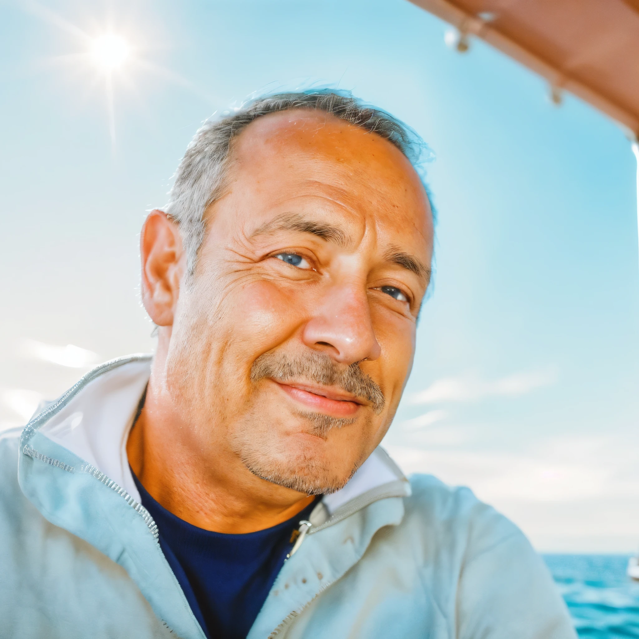 man in a blue jacket on a boat looking at the camera, man in his 40s, photo of a man, close up portrait photo, middle aged man, a photo of a man, portait photo, photo portrait, portrait close up of guy, selfie of a man, lean man with light tan skin, detailed portrait shot, colour portrait photograph