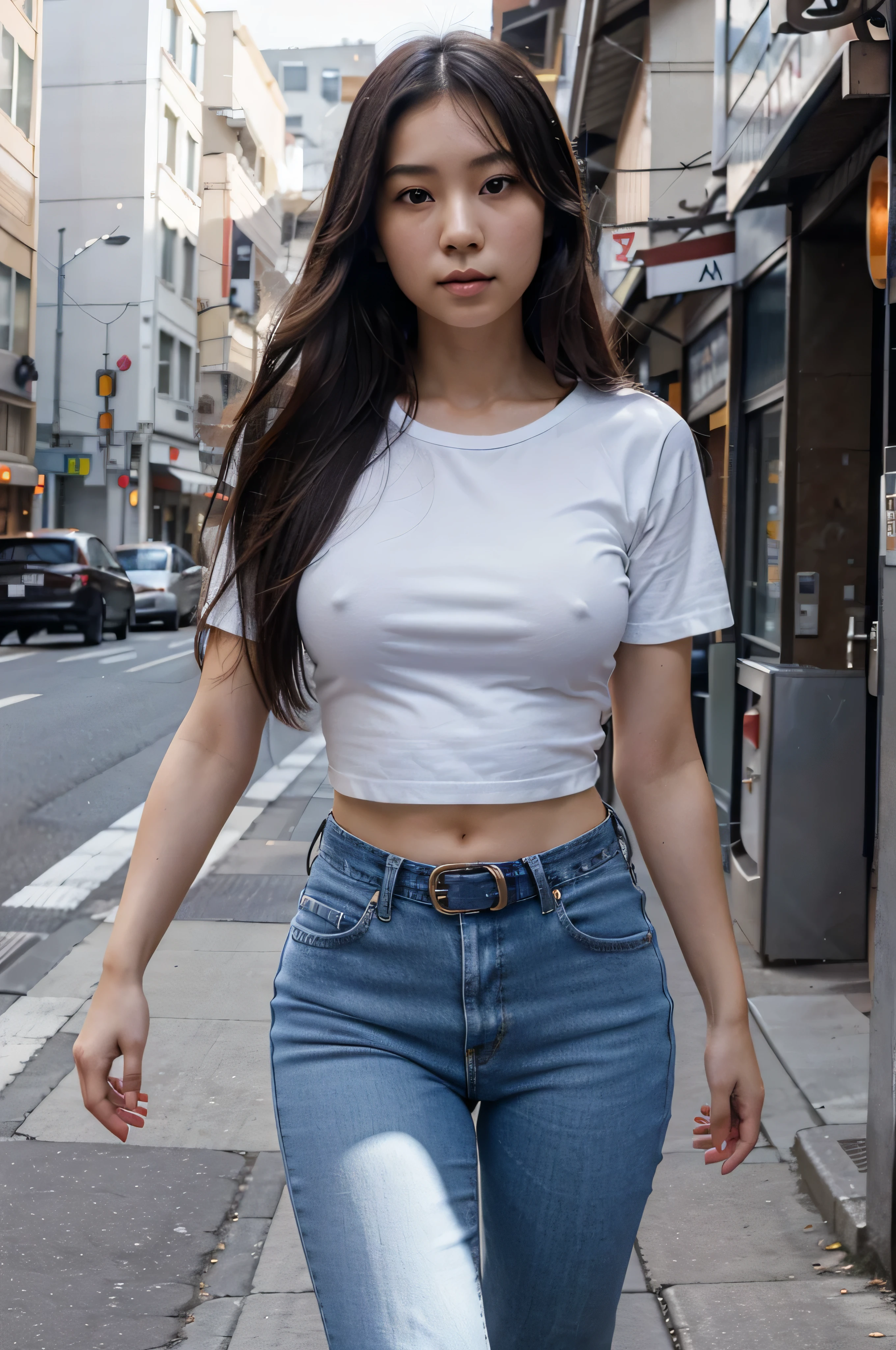 Beautiful 23 year old Japanese woman, natural breasts, tight white t-shirt with Nicnever across the front, tight blue jeans, big black belt, long hair, full body, walking on city street, sharp image
