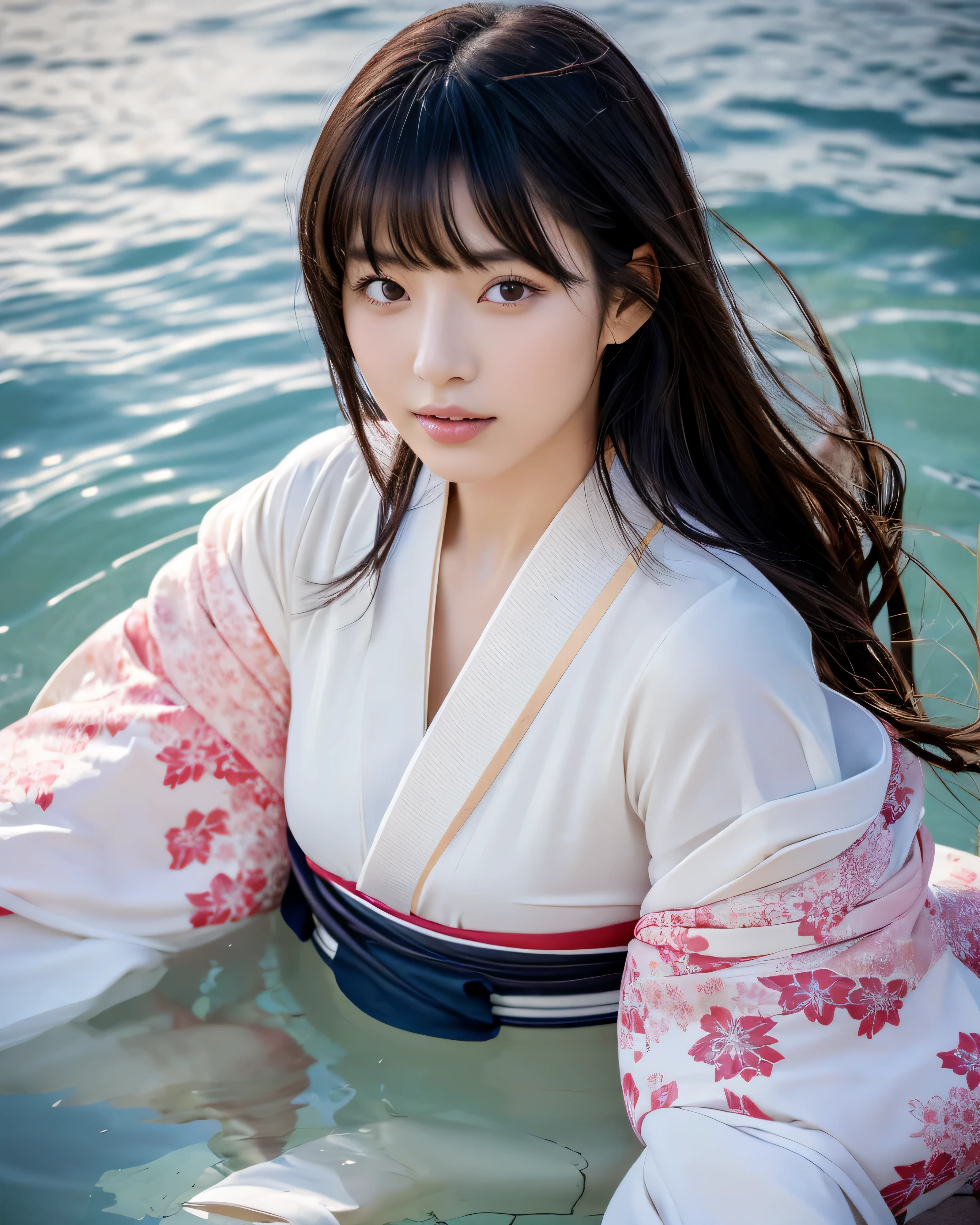 (high quality, 4k, 8k, High resolution, realistic, masterpiece:1.2)beautiful japanese woman, (whole body:1.5),Complex black hair, shiny long hair, asymmetrical bangs, big magic eyes, High resolutionの美しい瞳, thin eyebrows, smooth soft skin, pale pink lips, (correct kimono, white kimono:1.3), clear blue sea, Sleeping on your back in shallow water, professional lighting, professional photographer
