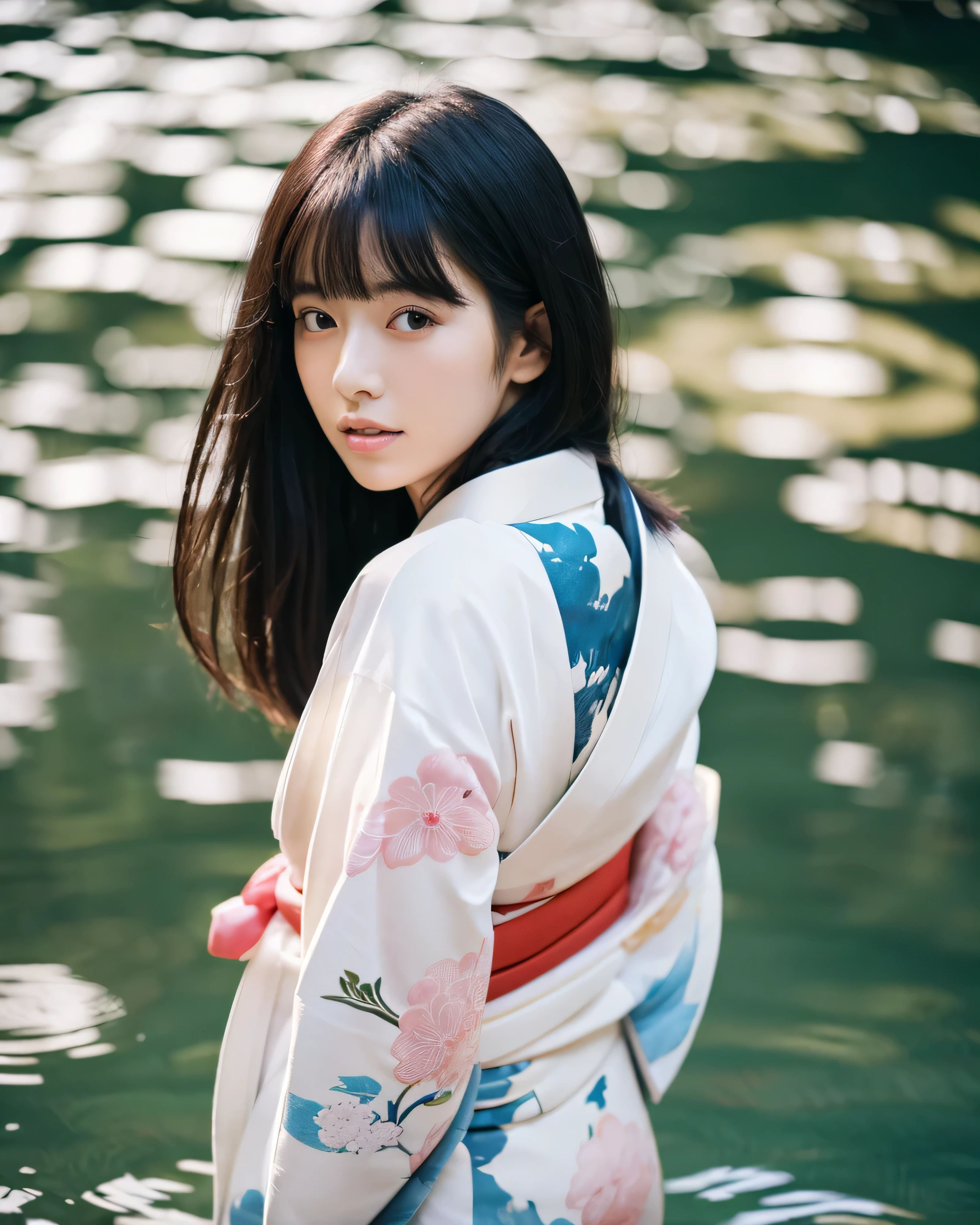 (high quality, 4k, 8k, High resolution, realistic, masterpiece:1.2)beautiful japanese woman, (whole body:1.5),Complex black hair, shiny long hair, asymmetrical bangs, big magic eyes, High resolutionの美しい瞳, thin eyebrows, smooth soft skin, pale pink lips, (correct kimono, white kimono:1.3), clear blue sea, Sleeping on your back in shallow water, professional lighting, professional photographer