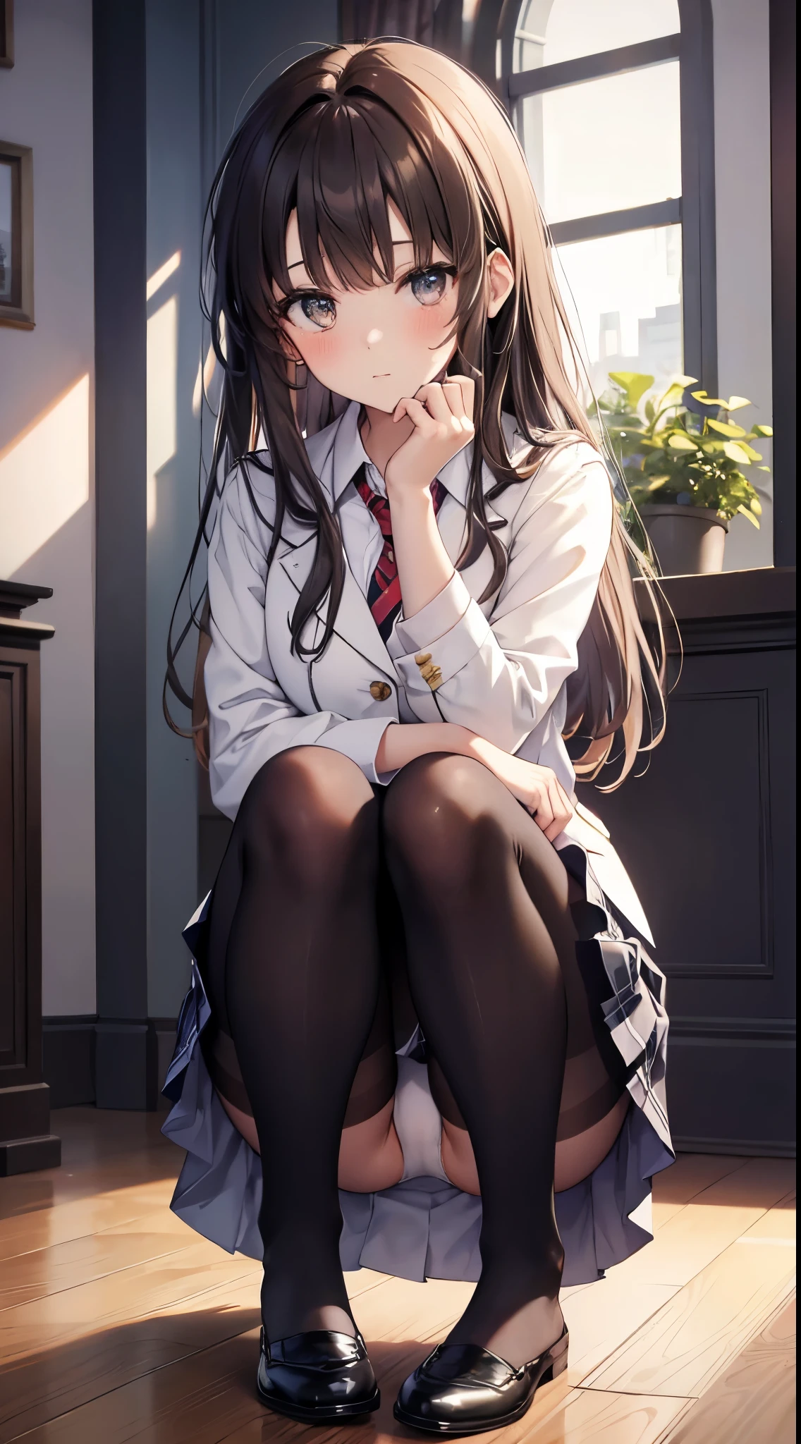 finest, masterpiece, High resolution, (Full body view from head to toe), front, frontやや下からの構図, symmetry, 18 year old tall girl, alone, (whole body from head to toe), (small breasts), Unkempt brown hair, bangs, (black tights), (black pantyhose), (sit with legs spread), (squatting pose), (Composition showing white panties), (her legs spread、I can see white panties.), (I was made to sit on the floor with my legs spread apart.), (M-shaped spread legs), thin legs, A very beautiful and tall 18 year old girl, (not wearing shoes), blush, shy big eyes, looking at camera, blazer uniform, plaid pleated skirt