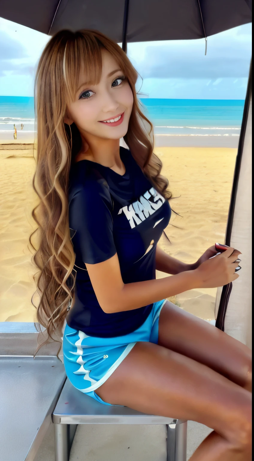 8k, Super high resolution, highest quality, table top、Super high resolution、highest quality、 (big breasts、Pretty tanned gal、open your legs wide、Open your knees without bending them at all。.:1.5)((mini hot pants、black t-shirt)beautiful japanese woman、blonde long hair inner curly、Pretty tanned gal、So cute、cute smile:1.38)(Sitting on a beautiful beach, legs open、skin wet from the rain:1.3)