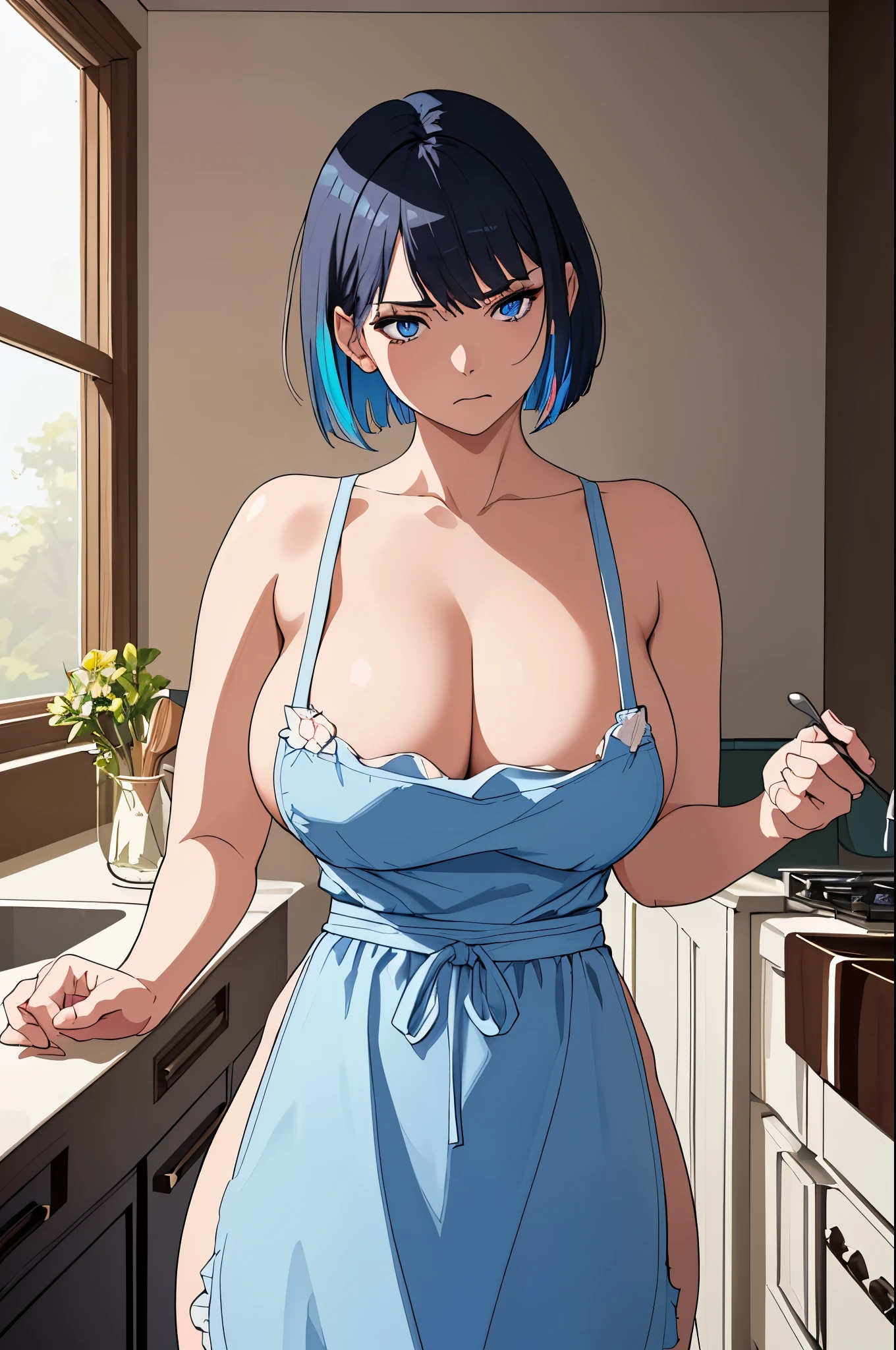 masterpiece、top-quality、Very beautiful and delicate and、Highly detailed and intricate details、vivd colour、colourfull、Nude wearing an apron,white apron,black bob haircut, angry, blue eyes, (huge breasts),(wide waist), kitchen , cowboy shot