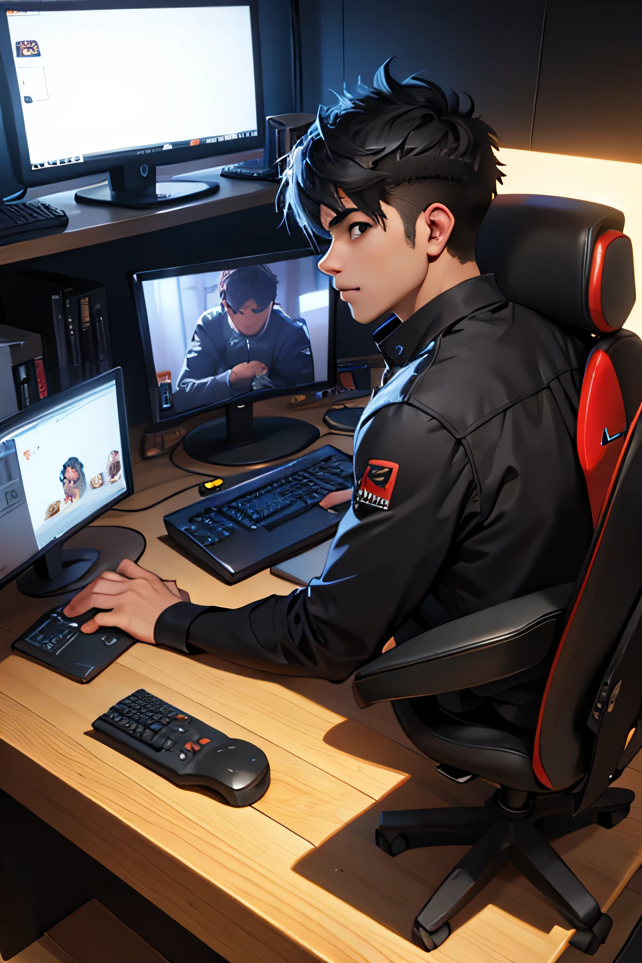 chico solitario en su setup gamer tomando cafe mirando para la camara