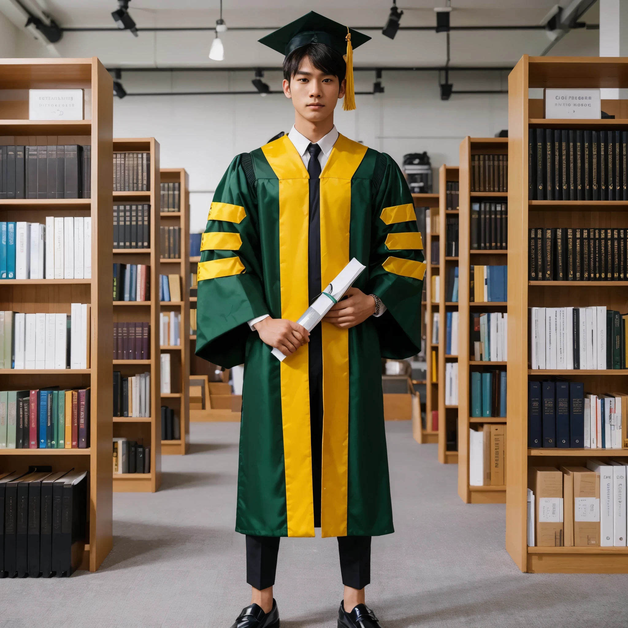 Generate IMG, Fullbody shot, a 25 year old man, Korean man, fit body, wearing graduation attire and toga, wearing a graduation collar, wearing a yellow and green samir, black formal trousers, shiny black loafers, holding a roll of certificates, standing, eye to library bookshelf background camera. Photography, Photorealistic, hyperrealistic, deep focus, deep photography, full HD, UHD, 8k, high quality, very detailed detail, sharp detail
