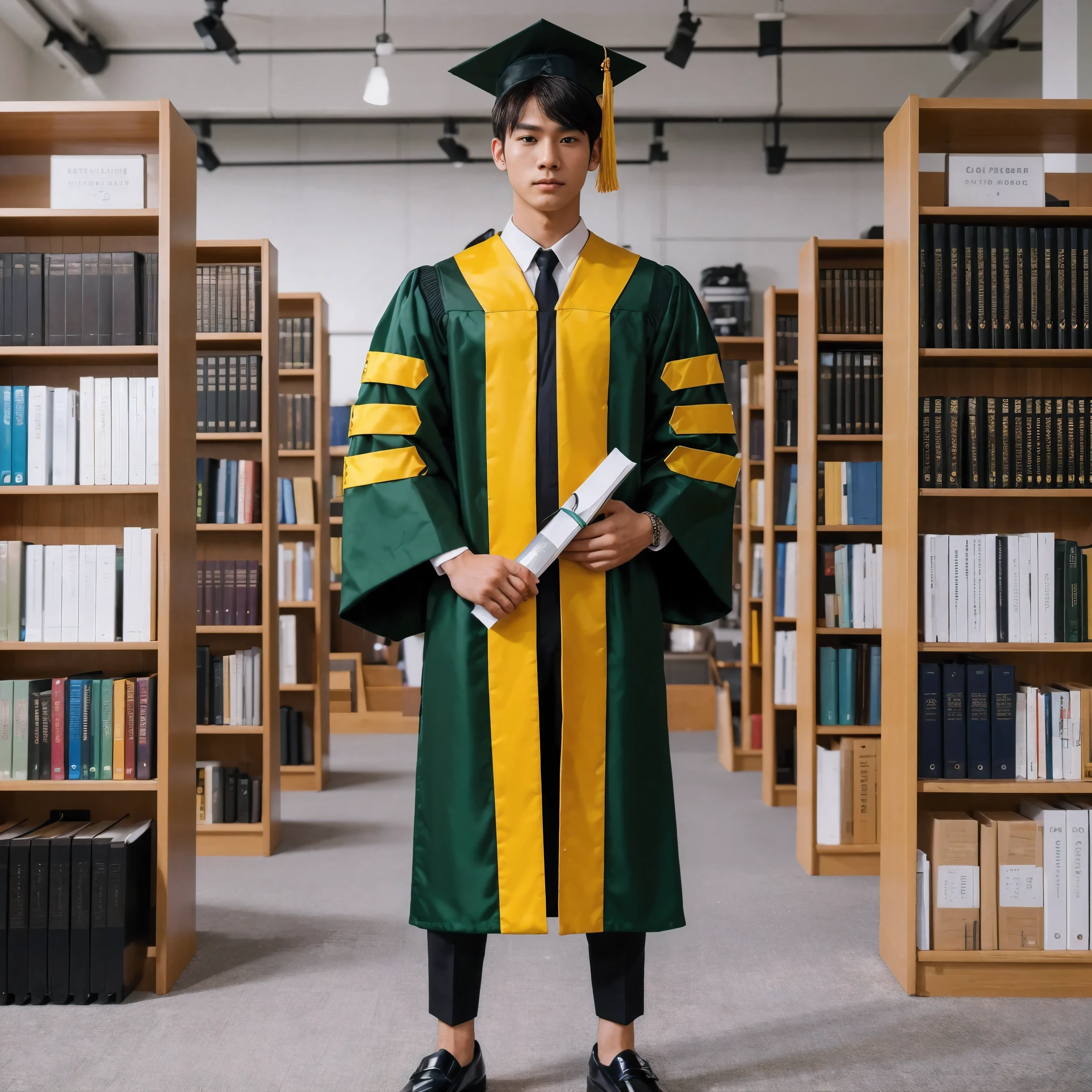 Generate IMG, Fullbody shot, a 25 year old man, Korean man, fit body, wearing graduation attire and toga, wearing a graduation collar, wearing a yellow and green samir, black formal trousers, shiny black loafers, holding a roll of certificates, standing, eye to library bookshelf background camera. Photography, Photorealistic, hyperrealistic, deep focus, deep photography, full HD, UHD, 8k, high quality, very detailed detail, sharp detail