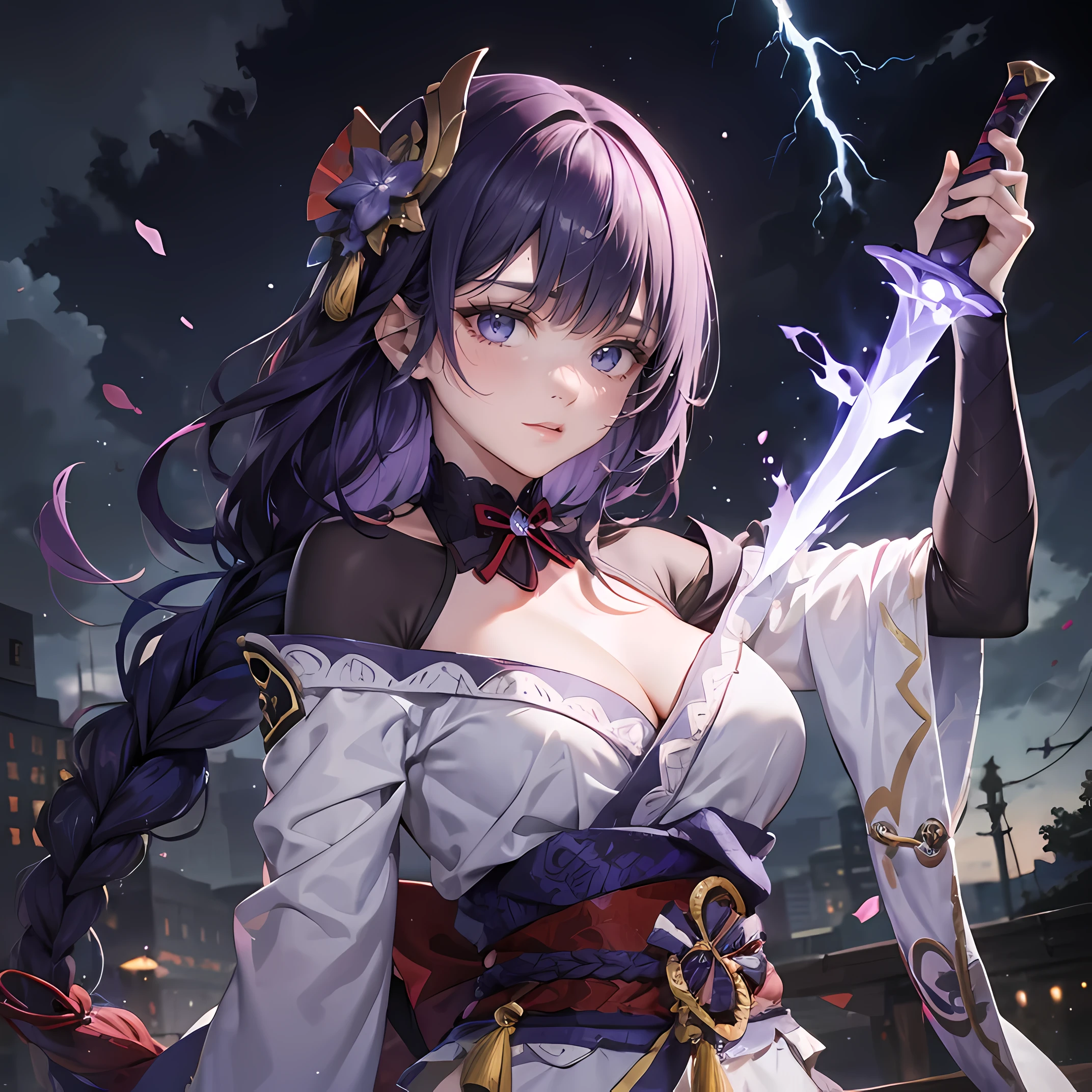 riding, beautiful lilac eyes , High Graphics, katana with red hilt,against the backdrop of thunder and lightning, long hair,detailed artifacts , bold look,