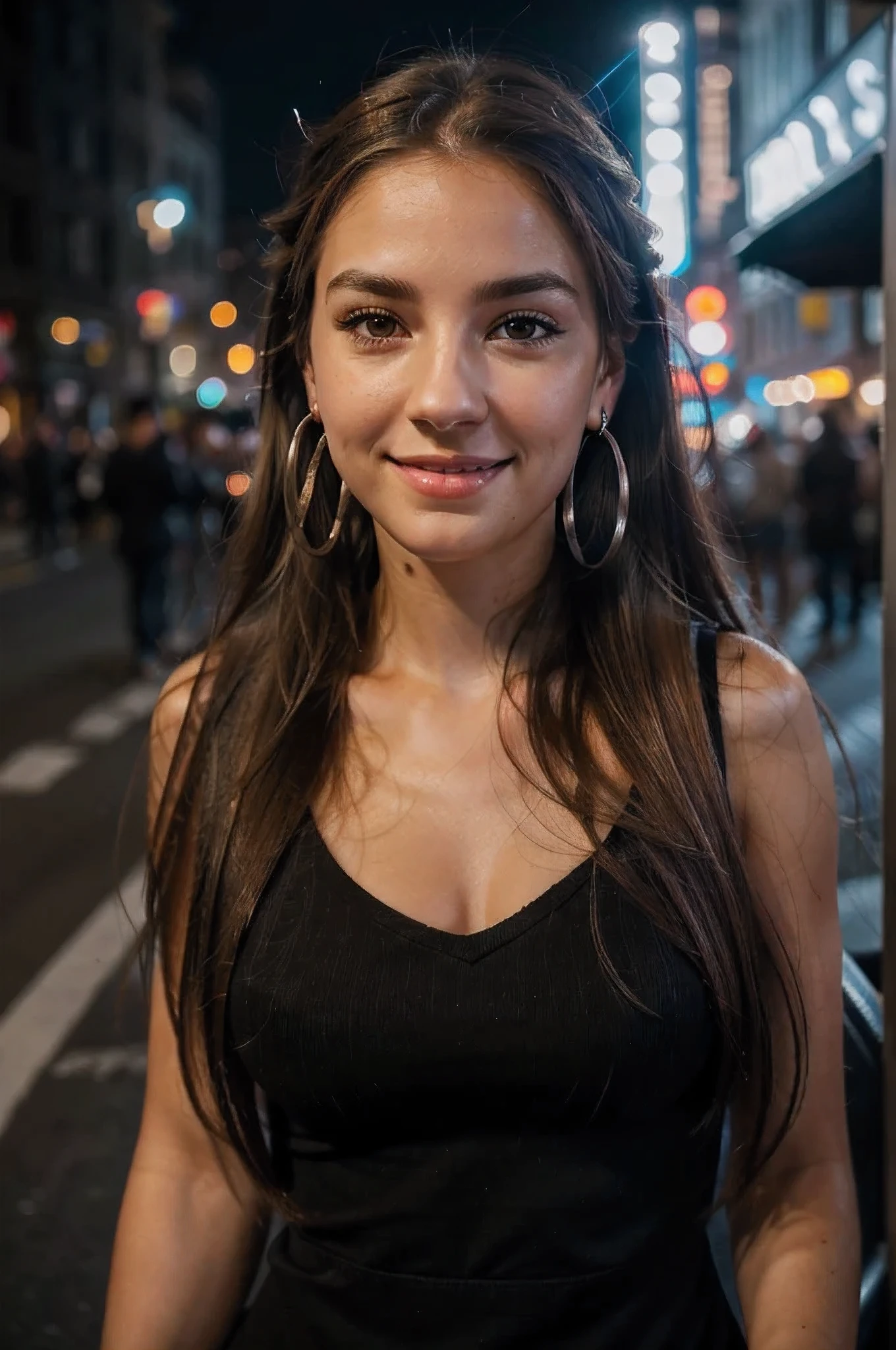 (closeup portrait of a woman with a cute smile),(long hair,light brown hair,side shave),(night in street),(best quality, highres:1.2),(ultra-detailed),(realistic:1.37),(HDR, studio lighting),(portrait),(vivid colors),(blueish color tone),(soft and warm lighting),(thin eyebrows),(long eyelashes),(sparkling eyes),(street lights),(bokeh effect),(confident expression),(silver hoop earrings),(edgy style),(glowing street signs),(city atmosphere)