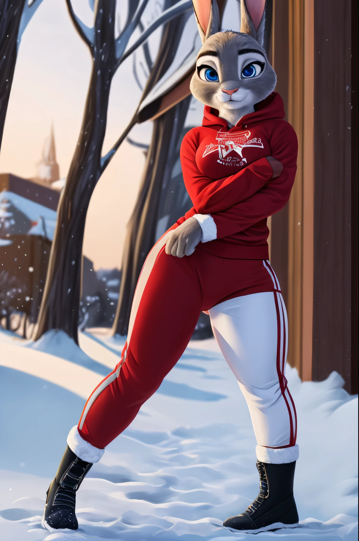 HD,8K,judy hopps,snow boots, in the snow,yoga pants velvet,t-shirt velvet,crotch view,standing,open legs,looking the viewer,team christmas,orgasm,thick thighs,bright blue eyes,realistic hair,thin hip,
