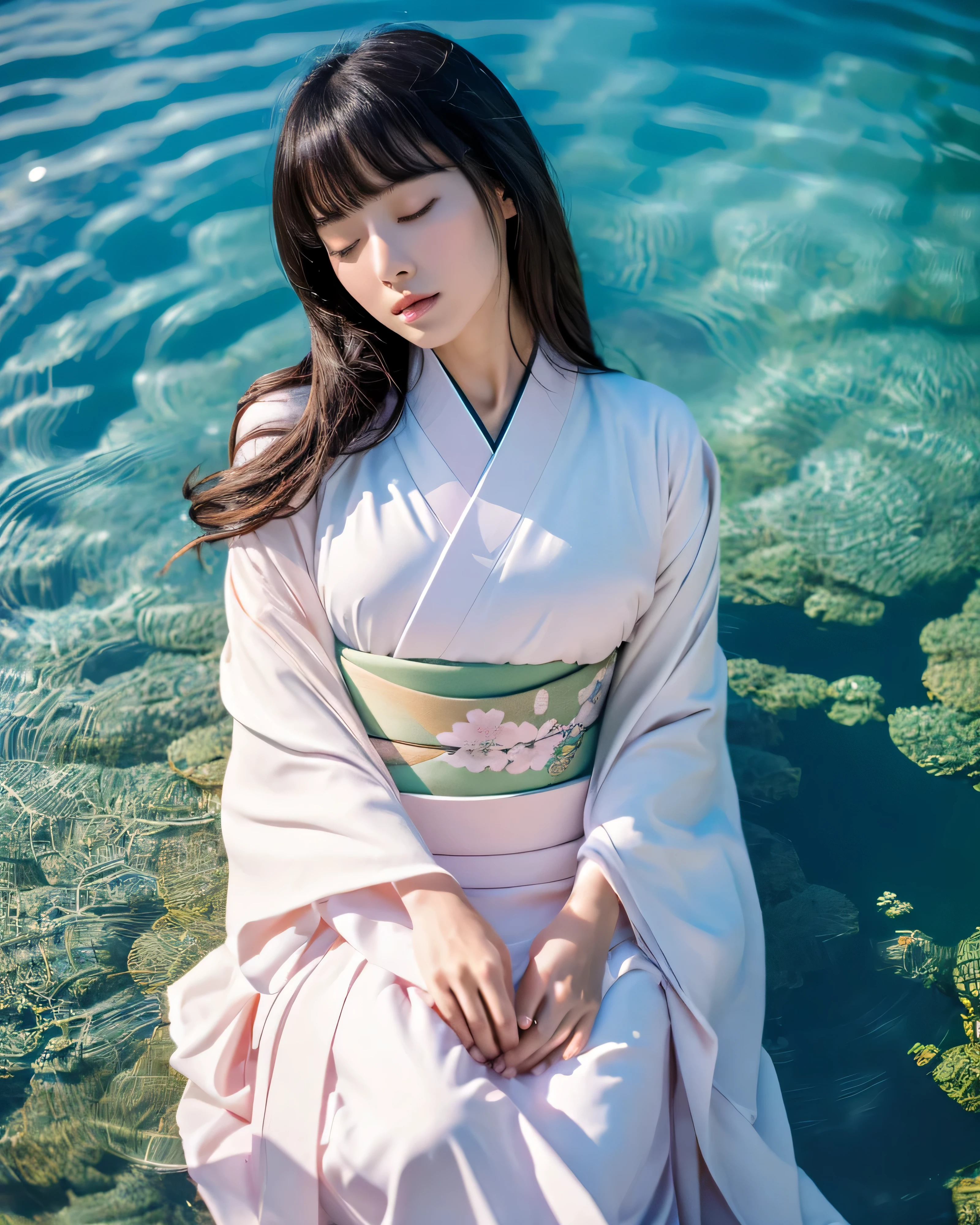 (high quality, 4k, 8k, High resolution, realistic, masterpiece:1.2)beautiful japanese woman, (whole body:1.5),Complex black hair, shiny long hair, asymmetrical bangs, big magic eyes, High resolutionの美しい瞳, thin eyebrows, smooth soft skin, pale pink lips, (correct kimono, white kimono, beautiful dressing:1.3), clear blue sea, (Sleeping on your back in shallow water:1.2), professional lighting, professional photographer
