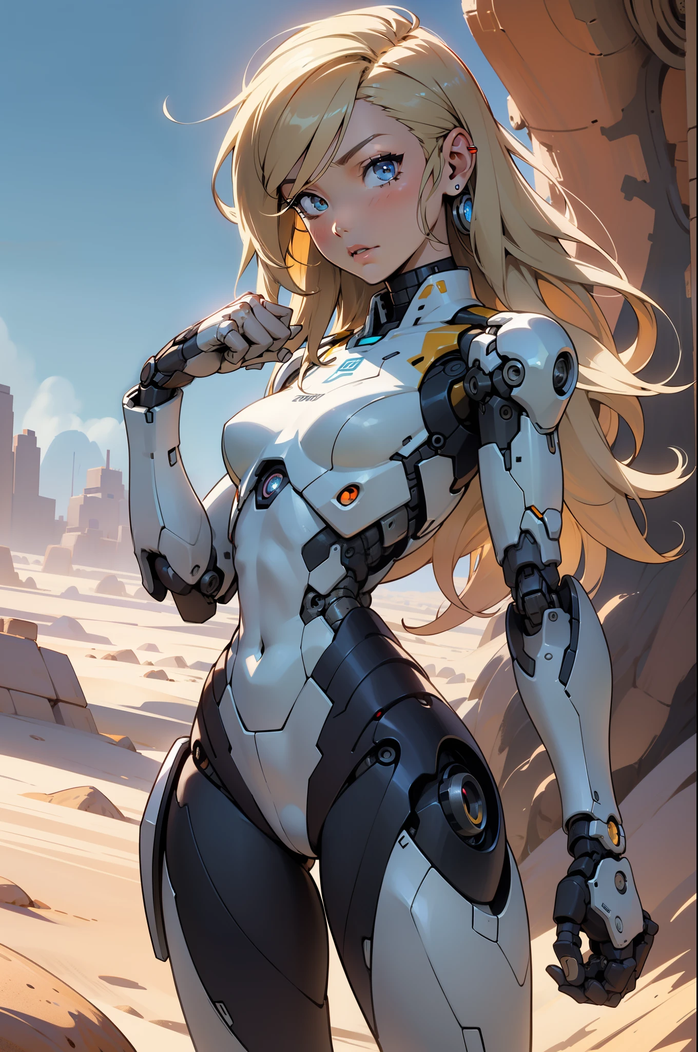 high quality, 4k, masterpiece, beautiful, cyborg girl, cowboy shot, dull eyes, looking at viewer, long blonde hair, girl, small breasts, slim thighs, robotic arms, robotic body, cyborg body, yellow accent, intricate detail, joint, detailed lines, robotic detail, holding fist up, holding hand up as fist, color robotic parts, robotic parts with color, perfect fingers, on a desert planet, sunny background, colorful desert, a river or a lake in the background