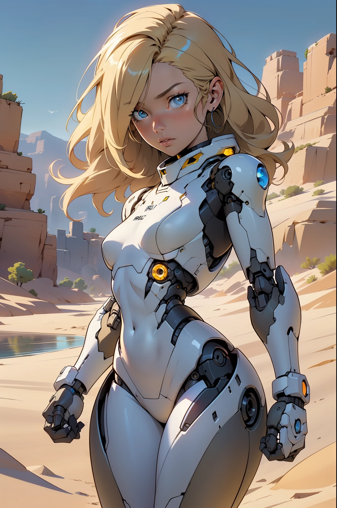 high quality, 4k, masterpiece, beautiful, cyborg girl, cowboy shot, dull eyes, looking at viewer, long blonde hair, girl, small breasts, slim thighs, robotic arms, robotic body, cyborg body, yellow accent, intricate detail, joint, detailed lines, robotic detail, holding fist up, holding hand up as fist, color robotic parts, robotic parts with color, perfect fingers, on a desert planet, sunny background, colorful desert, a river or a lake in the background