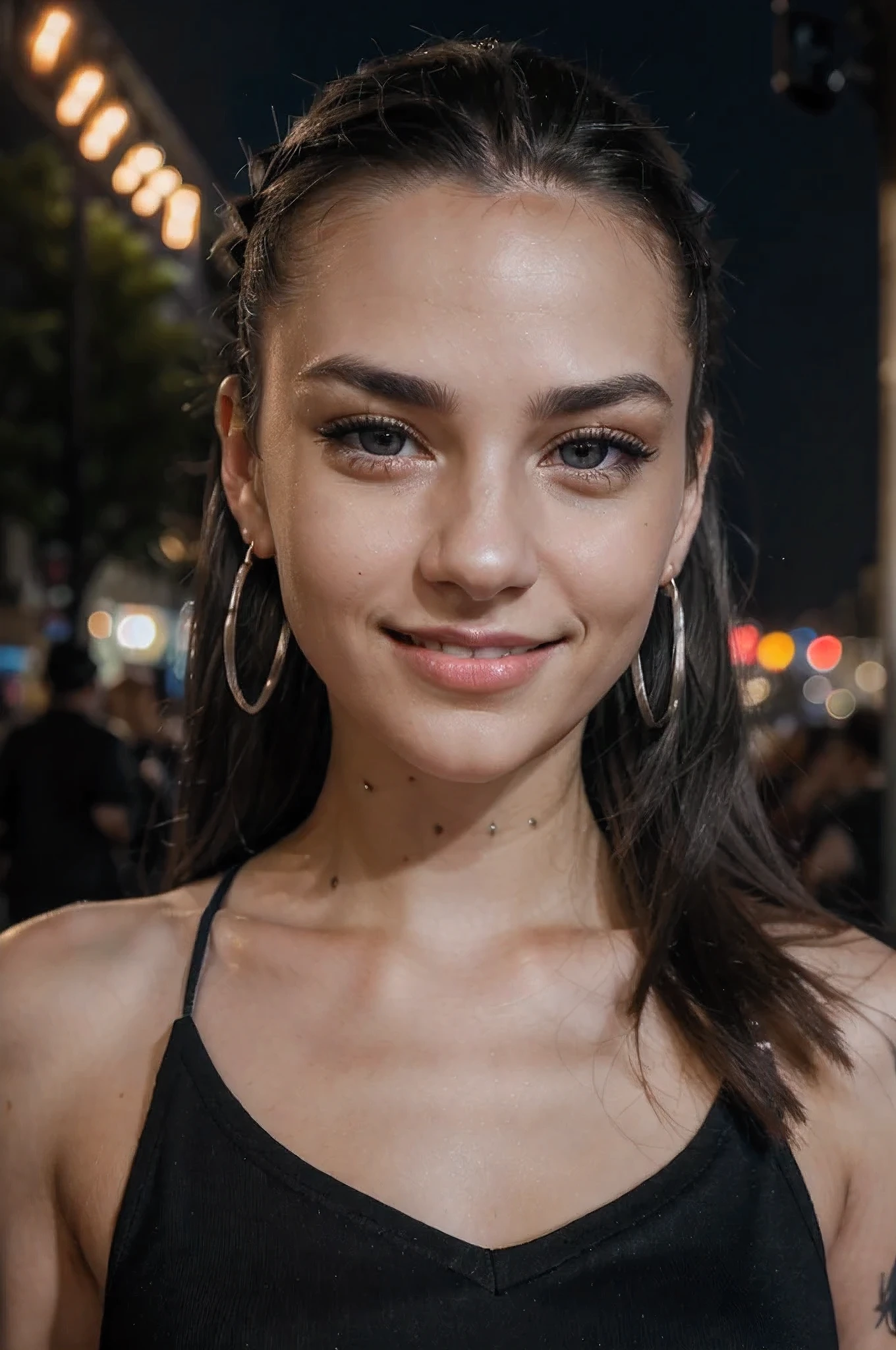 (closeup portrait of a woman with a cute smile and long one shaved side hair),(night in street),(best quality, highres:1.2),(ultra-detailed),(realistic:1.37),(HDR, studio lighting),(portrait),(vivid colors),(blueish color tone),(soft and warm lighting),(thin eyebrows),(long eyelashes),(sparkling eyes),(street lights),(bokeh effect),(confident expression),(silver hoop earrings),(edgy style),(glowing street signs),(city atmosphere)