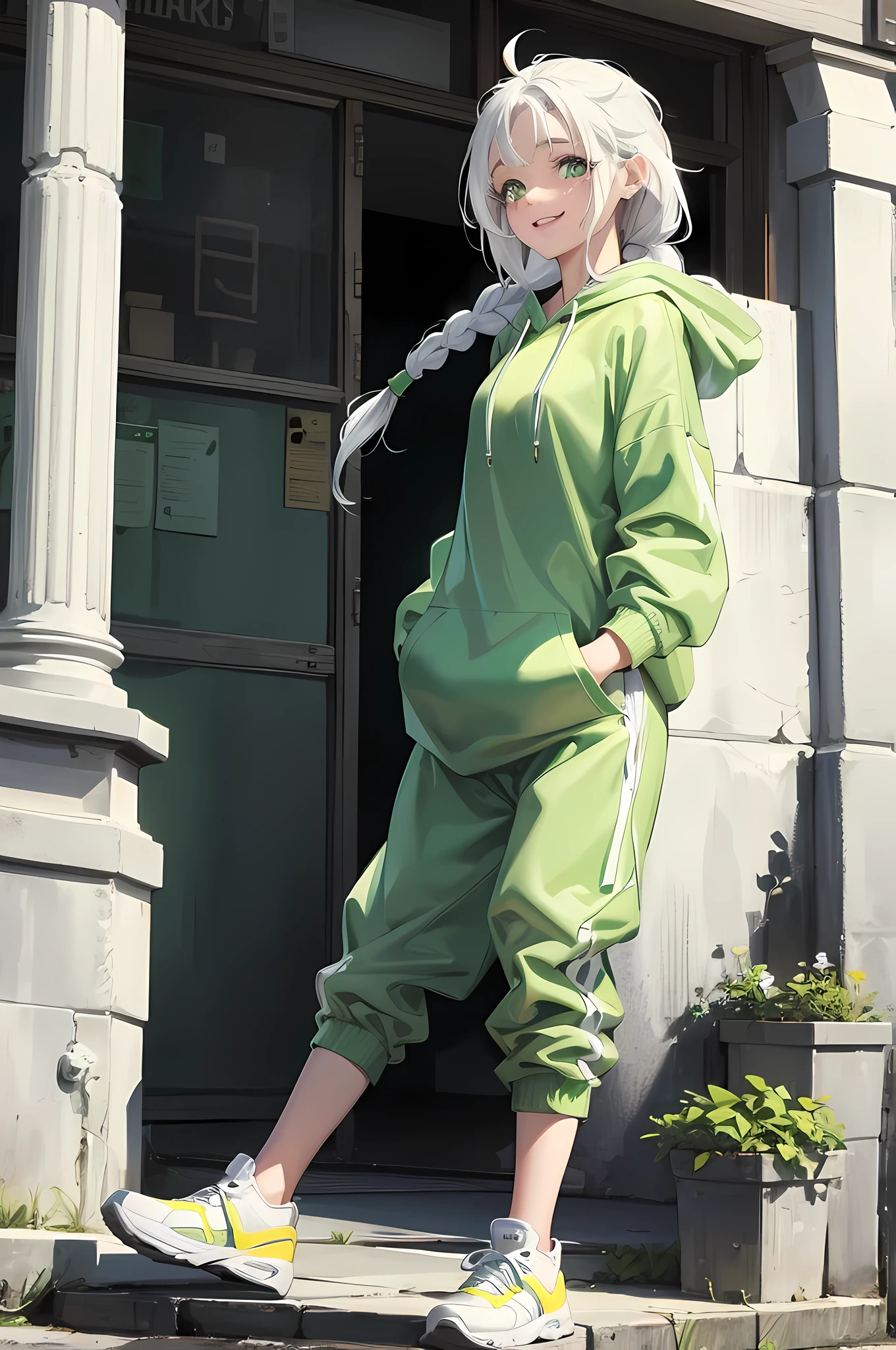 1girl, two braids white hair, green eyes, wearing green hoodie, green sweats, freckles, cute face, smile, full body