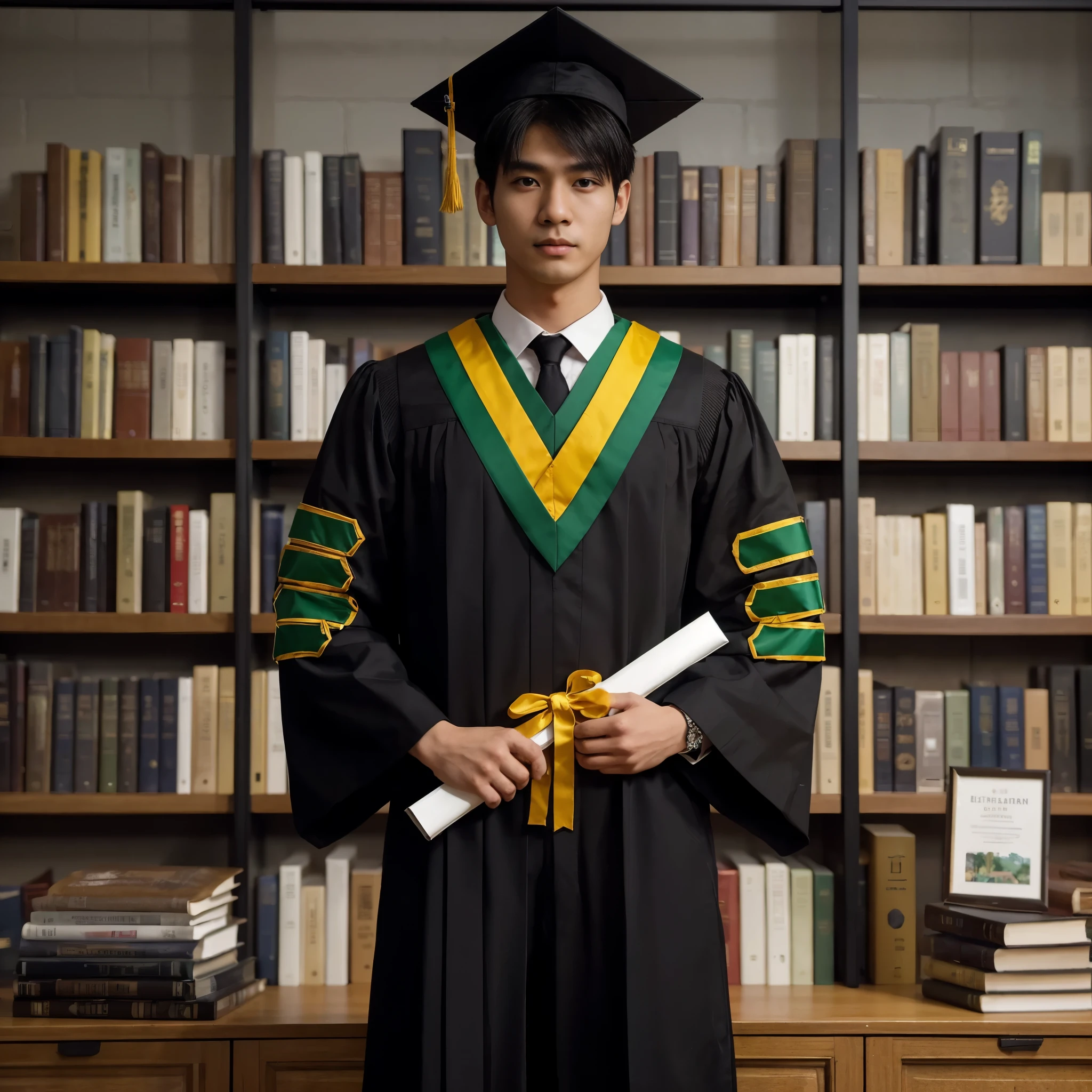 Generate IMG, Fullbody shot, a 25 year old man, Korean man, fit body, wearing graduation attire and toga, wearing a graduation collar, wearing a yellow and green samir, formal black trousers, shiny black loafers, holding a roll of certificates, standing, eye to library bookshelf background camera. Photography, Photorealistic, hyperrealistic, deep focus, deep photography, high quality, very detailed detail, sharp detail, RAW Photo