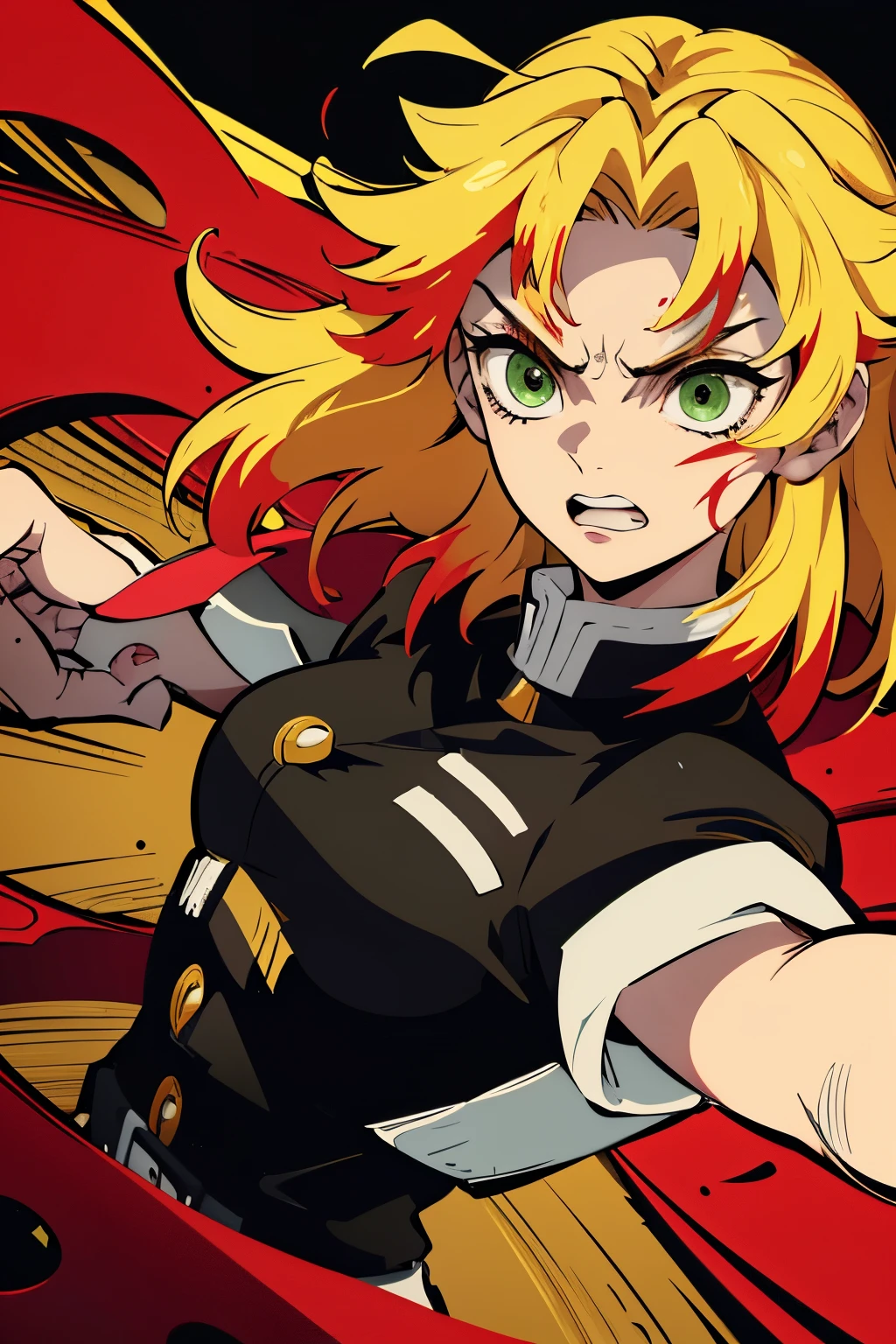 White young woman, Yellow hair with red details in her hair, Medium hair, Green eyes, Angry face, Linda, Sword, demon slayer uniform, show teeth, red highlights in hair, red highlights in hair