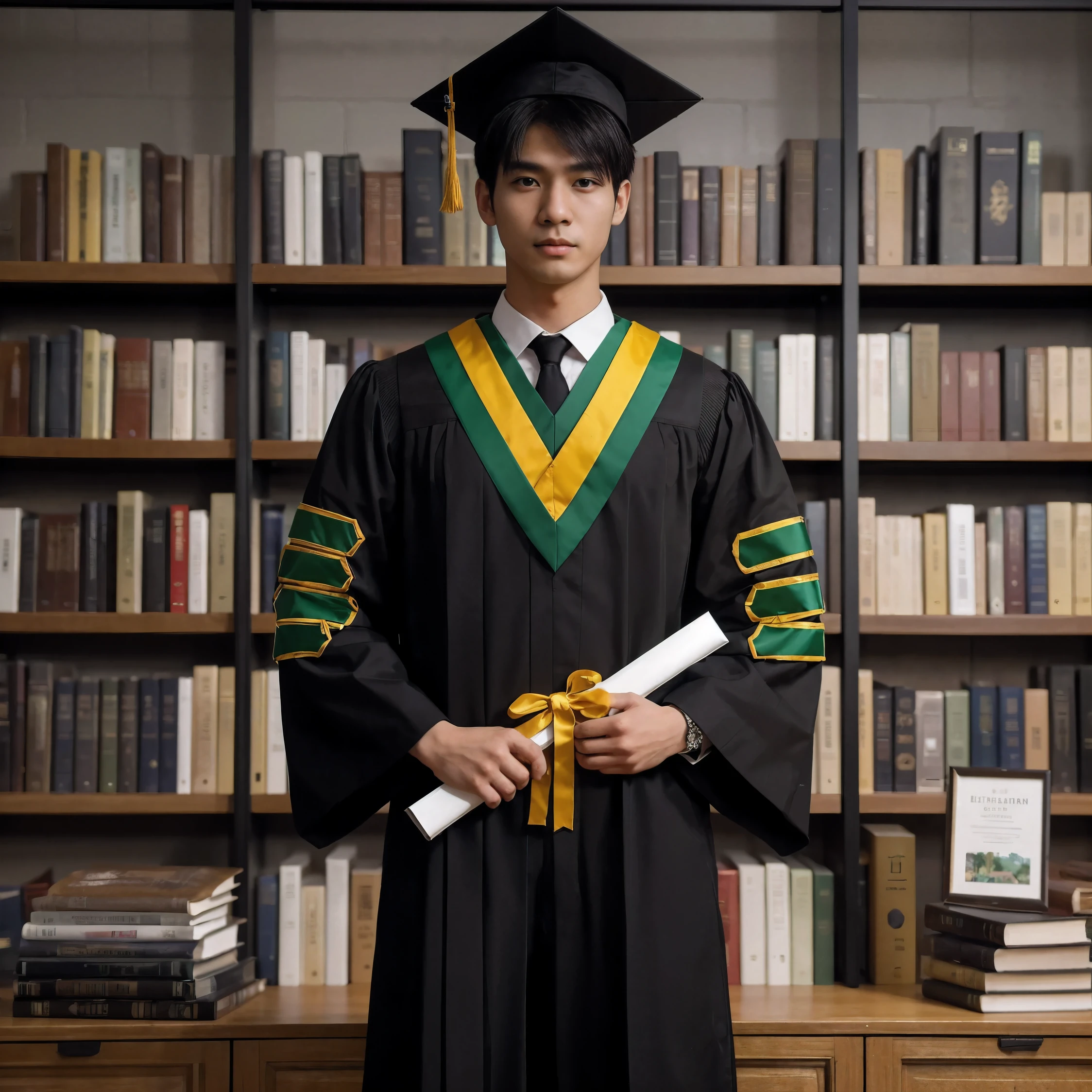 Generate IMG, Fullbody shot, a 25 year old man, Korean man, fit body, wearing graduation attire and toga, wearing a graduation collar, wearing a yellow and green samir, formal black trousers, shiny black loafers, holding a roll of certificates, standing, eye to library bookshelf background camera. Photography, Photorealistic, hyperrealistic, deep focus, deep photography, high quality, very detailed detail, sharp detail, RAW Photo