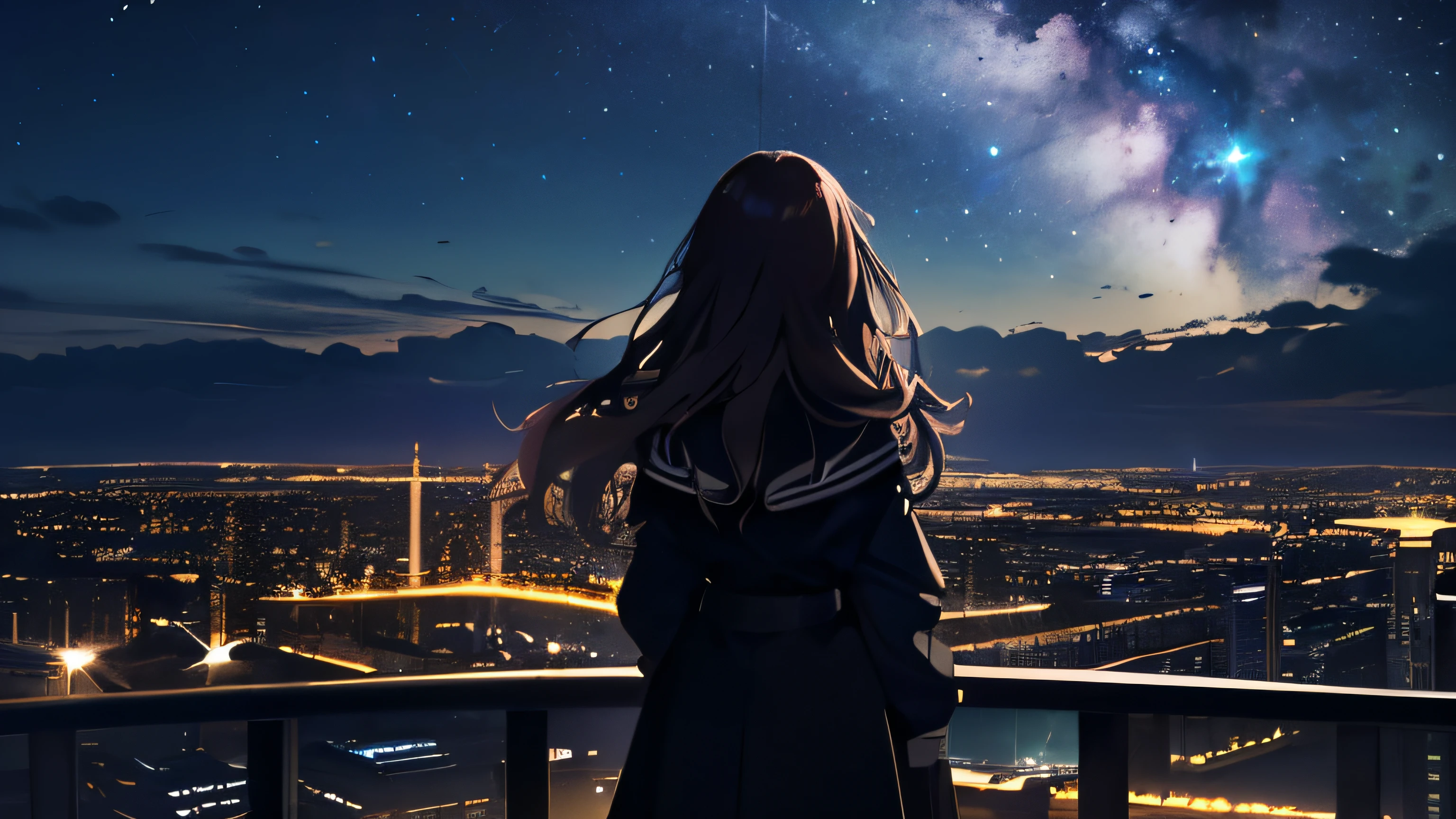 masterpiece, highest quality, 16K UHD,
Are standing,
Quiet night view, 1 girl, alone,
Octane shades of a starless sky, null,
A landscape full of tranquility, starry null,
enchanting silence of the night,
Silhouettes of medieval buildings in the distance,
Cloud made easy, You can see the Milky Way,
length, wavy hair cascading down her back,
A cityscape dimly illuminated by distant lights.