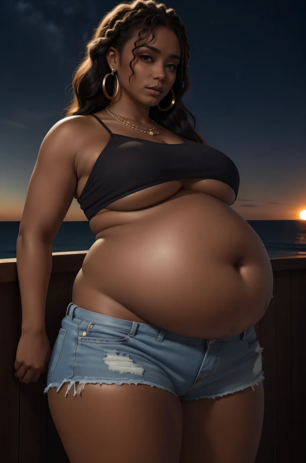 dark skin, (dark-skinned female:1.5), bike shorts, bikini, crop top, hoop earrings, jewelry, midriff, navel, necklace, short shorts, shorts, swimsuit, tankini, 1girl, plump, chubby, curvy, chubby girl, belly, big belly, fat belly, large stomach, night sky background, (best quality,4k,8k,highres,masterpiece:1.2), ultra-detailed, (realistic,photorealistic,photo-realistic:1.37), HDR, UHD, studio lighting, ultra-fine painting, sharp focus, physically-based rendering, extreme detail description, professional, vivid colors, bokeh, portraits, photography, concept artists, colorful, fairy tale, soft and dreamy lighting, sparkling stars and constellations, peaceful and calm atmosphere, luminous moonlight