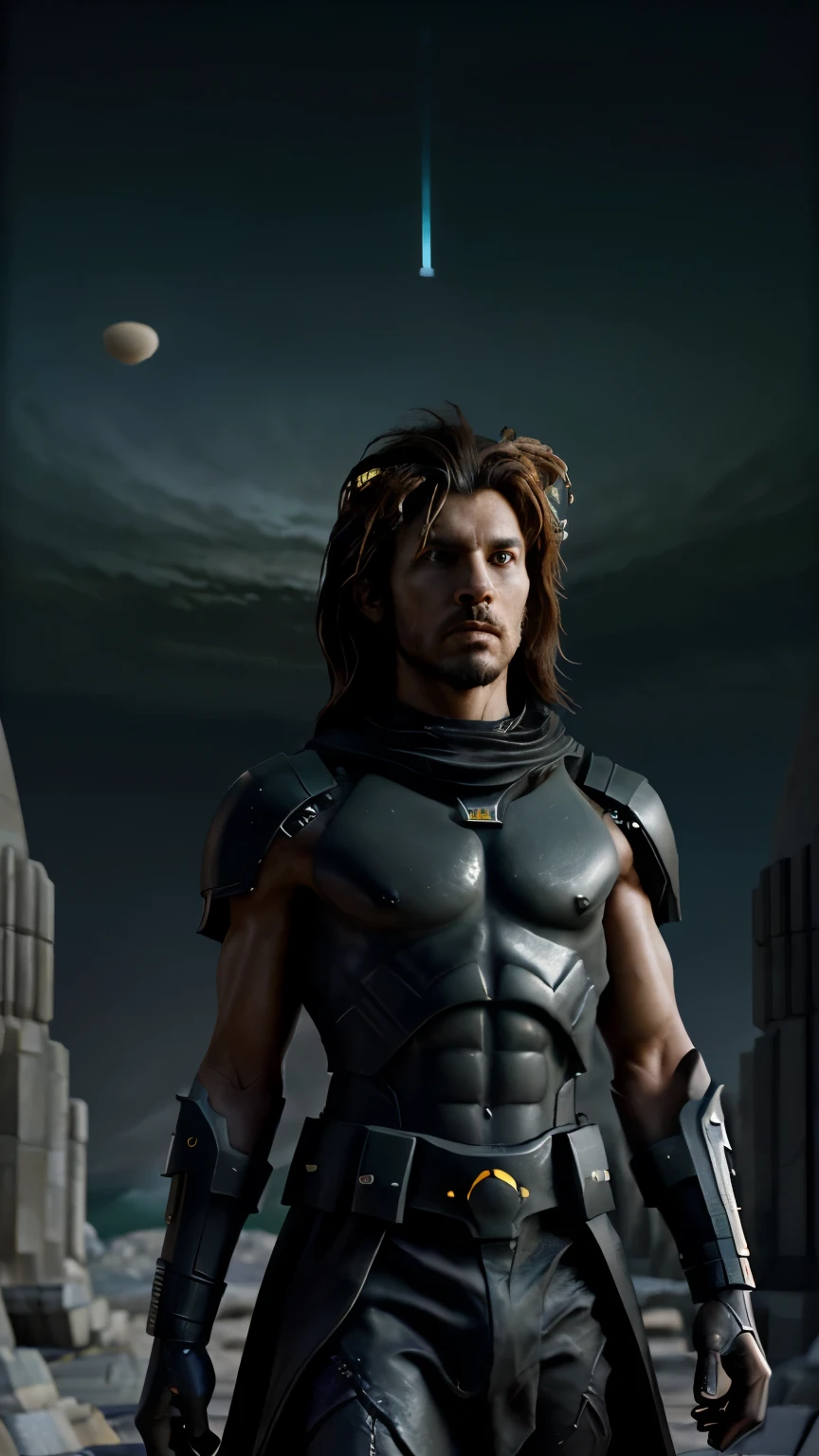 Male lion standing mid shot head and shoulders shallow depth of field, f/1.8 with an Futuristic dark landscape,saturn moons,futuristic temple design,pilgrims,cyborg, alien biodiversity,epic matte painting,concept art, Ashley wood style --s not a human
