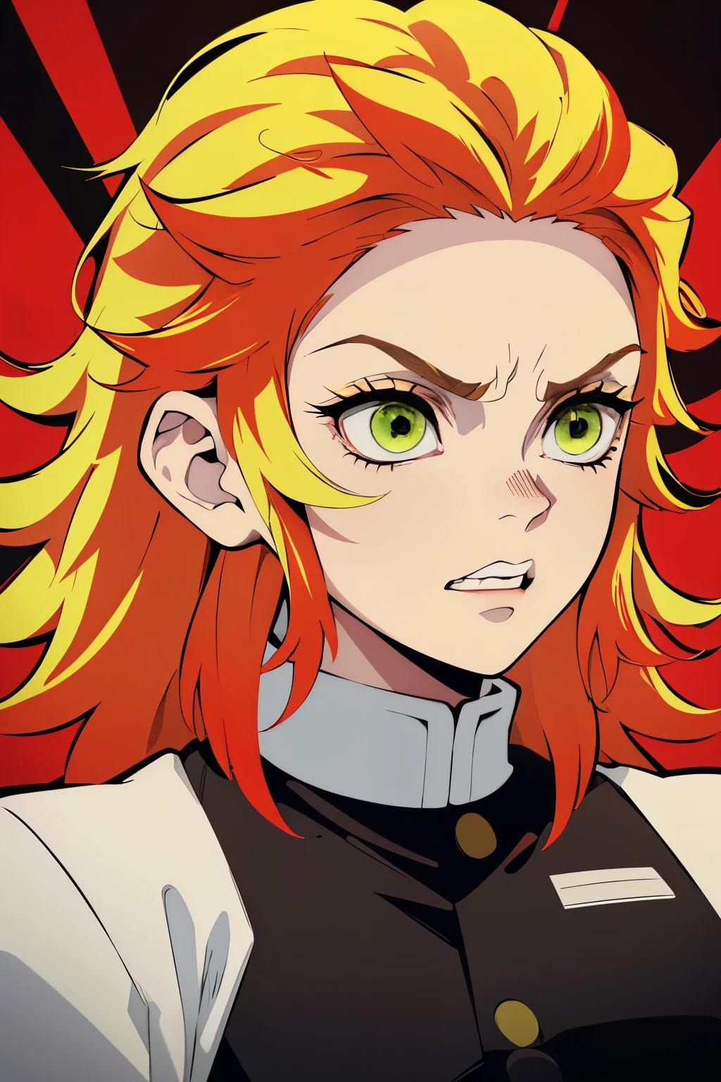 White young woman, Yellow hair with red details in her hair, Medium hair, Green eyes, Angry face, Linda, Sword, demon slayer uniform, show teeth, red highlights in hair, red highlights in hair