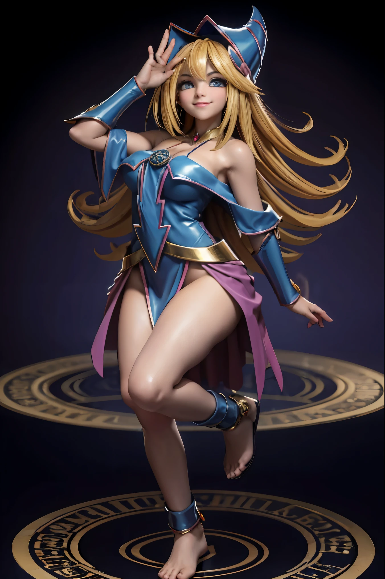 Dark magician gils en el aire, she comes out of a magic circle of heart. Magic hearts background. Sonrisa en sus labios. Ojos celestes. Cabello dorado. Pose sensual. Levitando en una pie. Tiene tacones. Usa tacones azules y dorados 