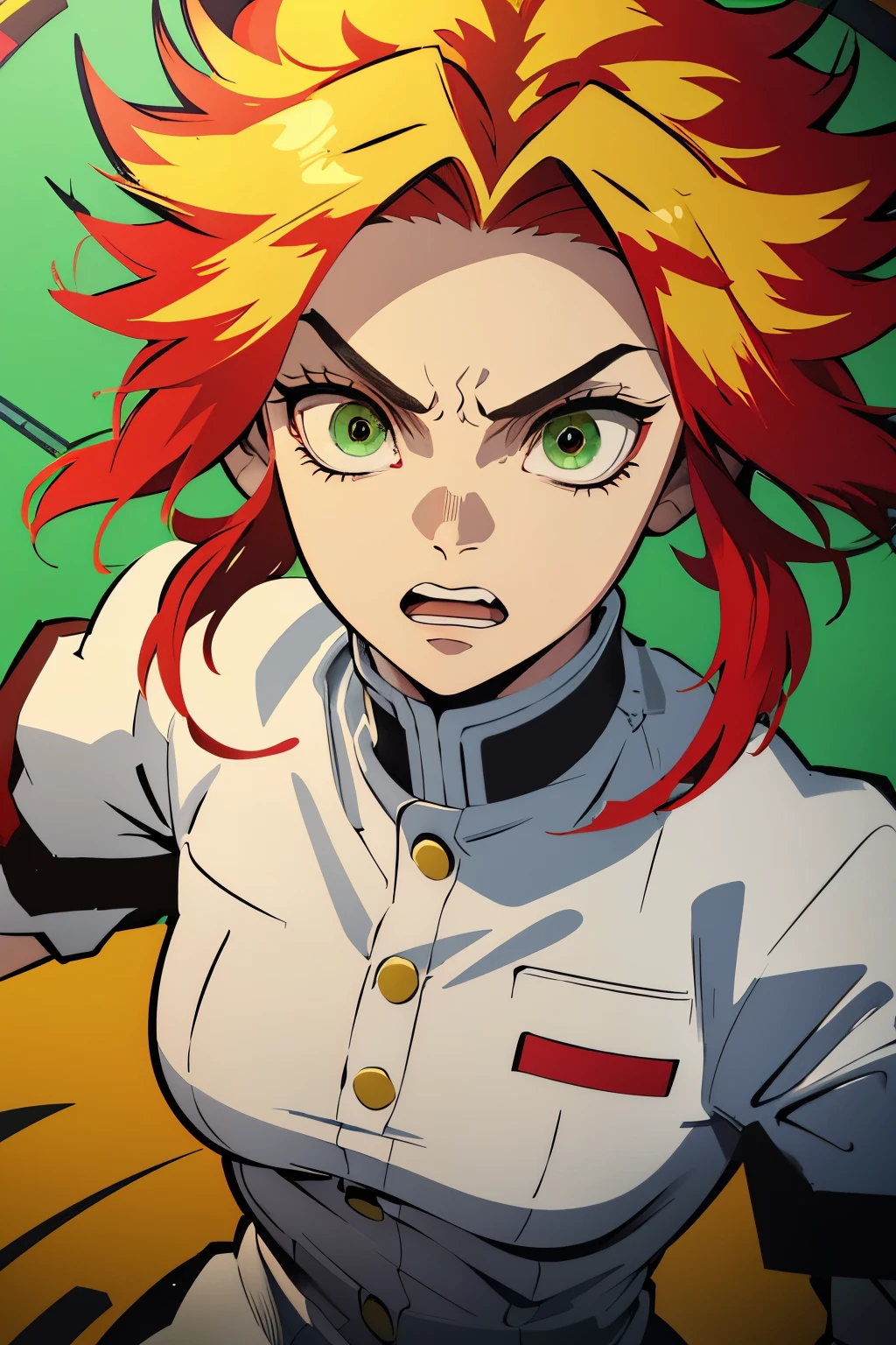 White young woman, Yellow hair with red details in her hair, Medium hair, Green eyes, Angry face, Linda, Sword, demon slayer uniform, show teeth, red highlights in hair, red highlights in hair