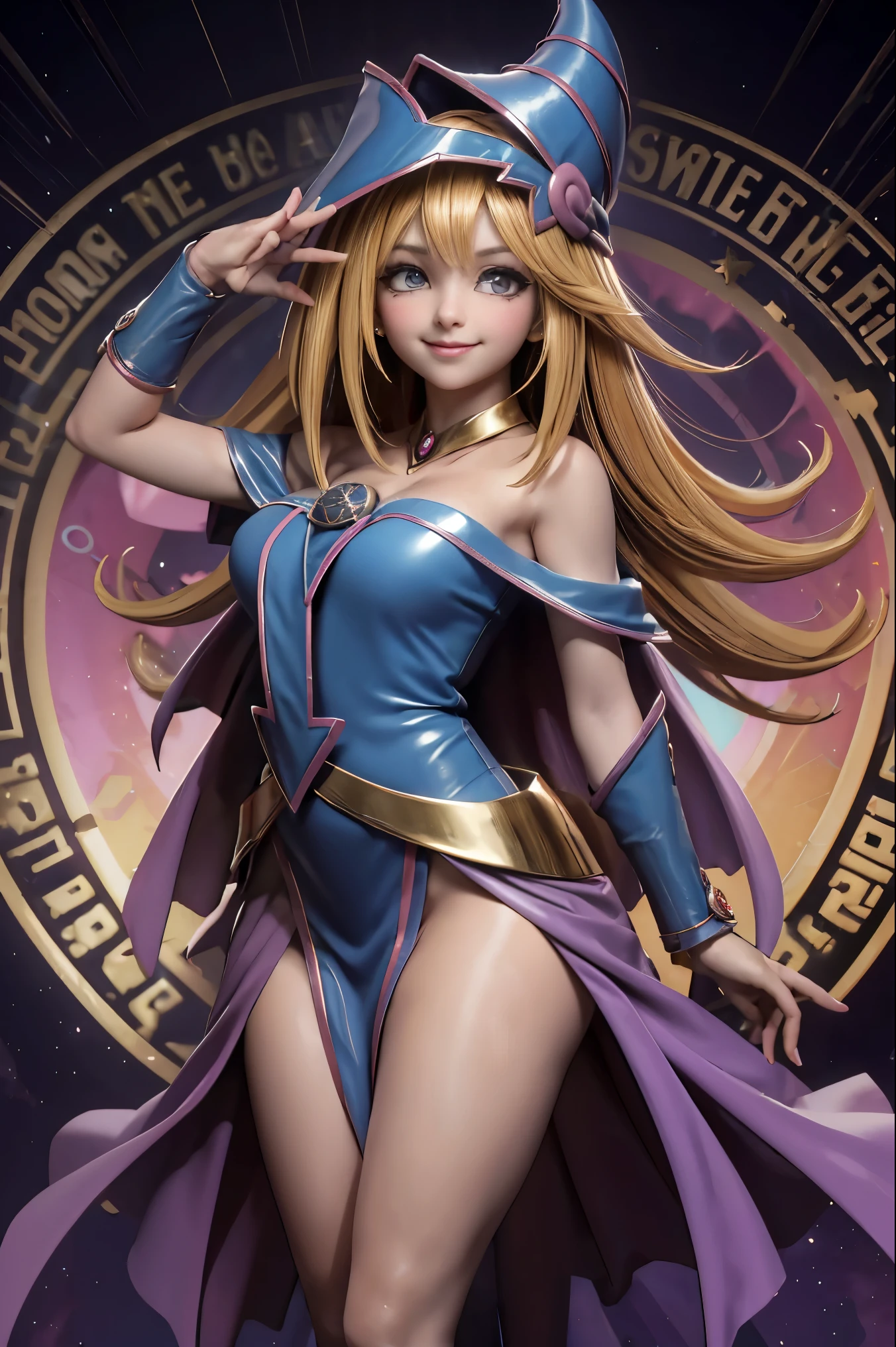 Dark magician gils volando, she comes out of a magic circle of heart. Magic hearts background. Sonrisa en sus labios. Ojos celestes. Cabello dorado. Pose sensual. Levitando en una pie. Tiene tacones. Tiene medias. Tiene aretes. Tiene anillos. Tiene la ropa transparente 