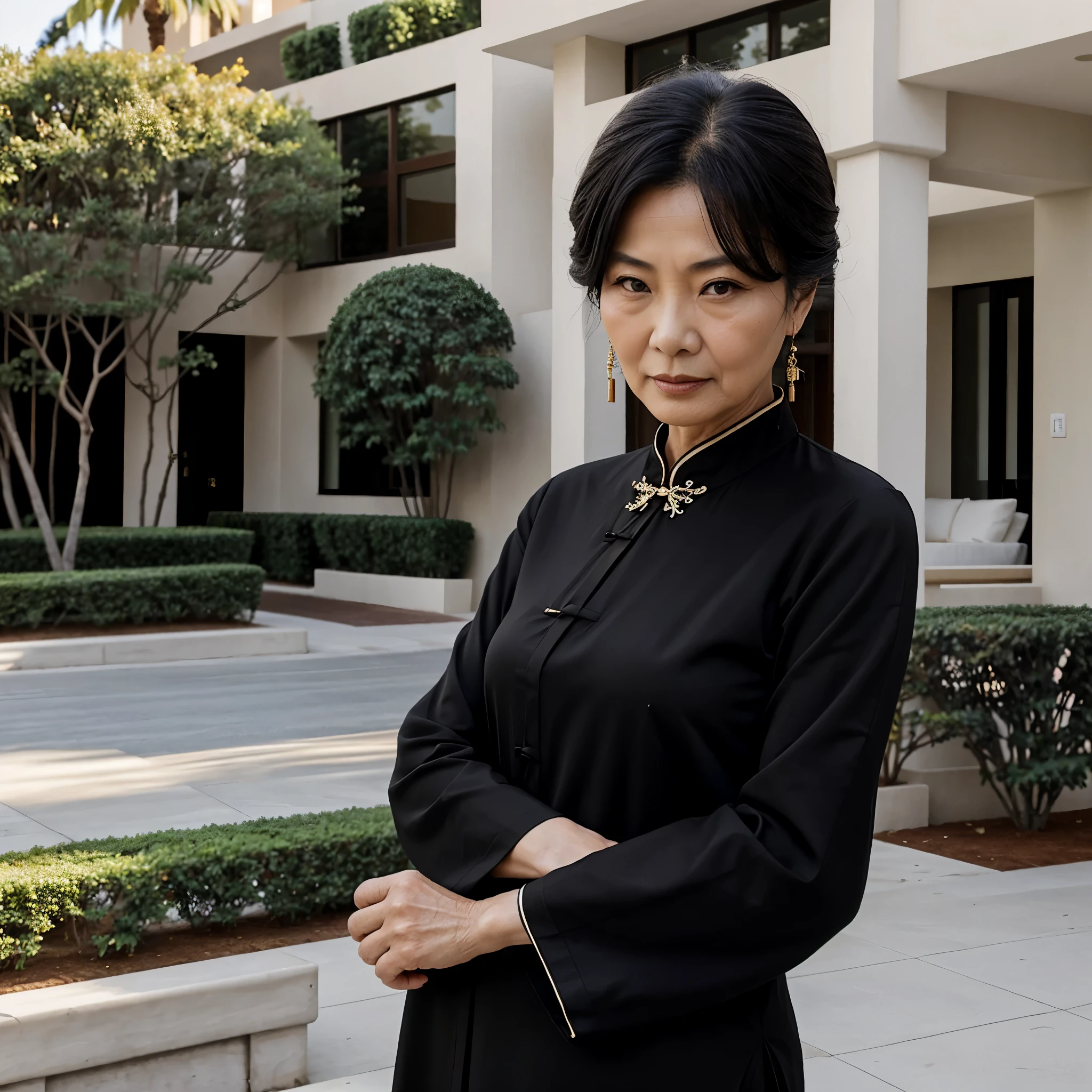 beautiful, old, chinese lady, 60 years old, at beverly hills, black long sleeves