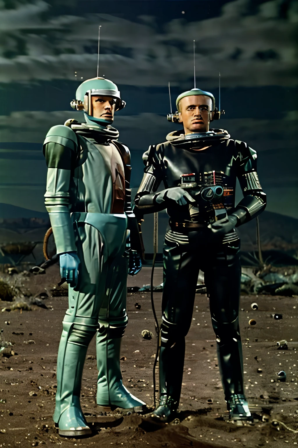 Wide shot of a 1950s science fiction TV series with human actors and robots