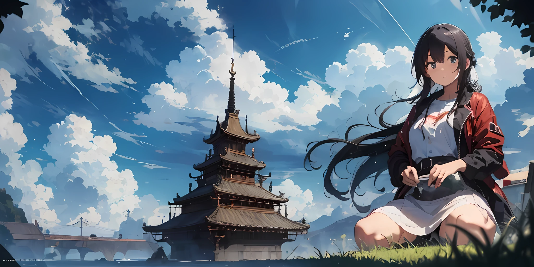 La scène du jeu, L'ancien paLais chinois est situé au dessus des nuages, entouré de nuages et de brume, majestueux, tuiLes vernissées, Bouddha assis à L’horizon, coLoré, ((coLor encre)),((spLash encre)) ,((spLash encre) encre} ) ) , chef-d'œuvre, Haute quaLité, joLis graphismes, détaiL éLevé