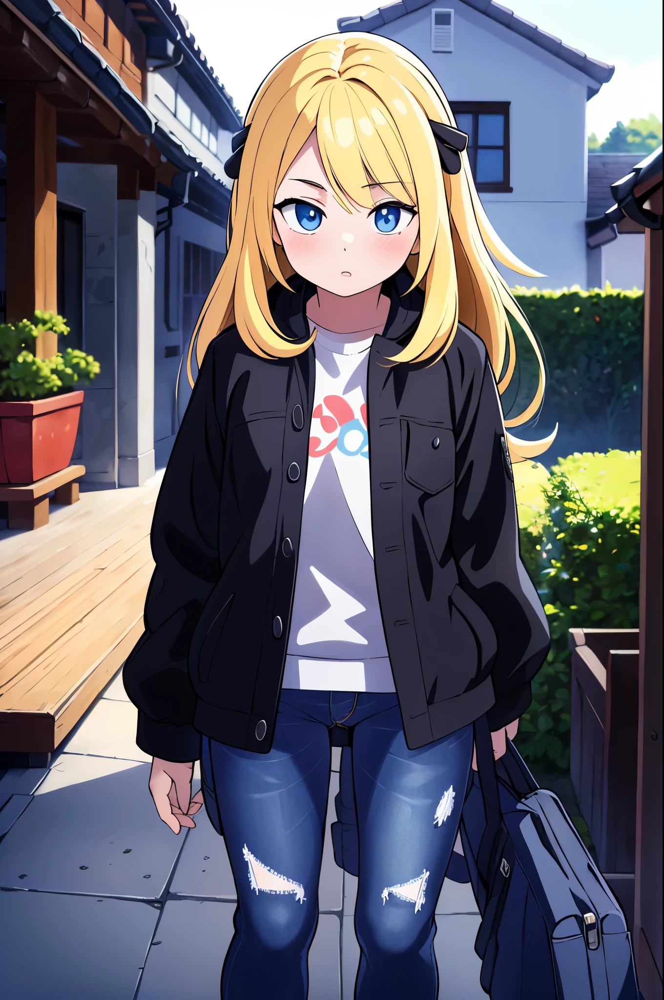 (best quality,highres,masterpiece:1.2),ultra-detailed,extremely realistic,***************,shirt and baggy jeans in a chilly, bluish tone, with simple houses in the background and occasional glimpses of plants, dynamic angle, high-resolution display, realistic lighting and shadows, breathtaking.