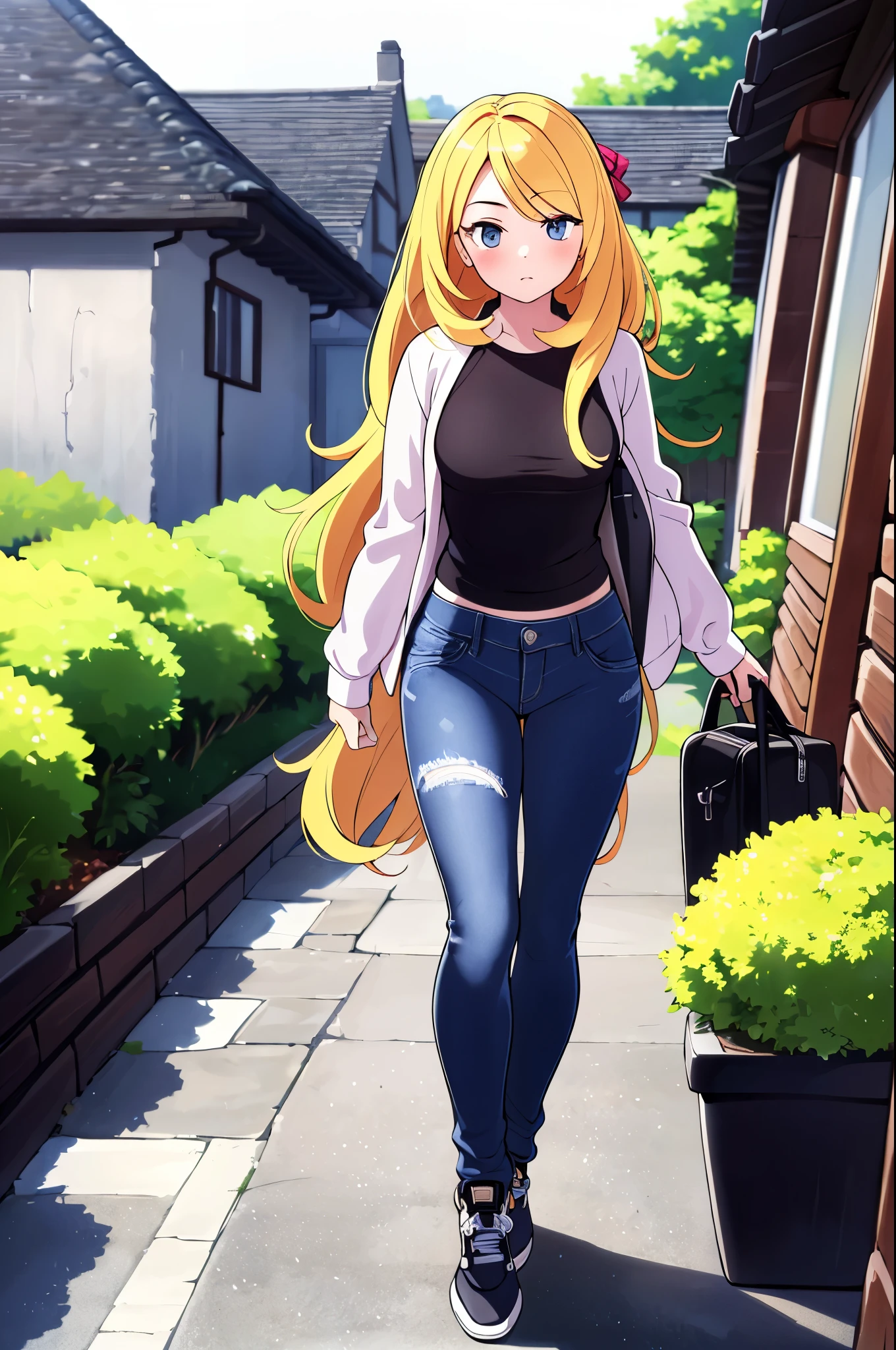 (best quality,highres,masterpiece:1.2),ultra-detailed,extremely realistic,***************,shirt and baggy jeans in a chilly, bluish tone, with simple houses in the background and occasional glimpses of plants, dynamic angle, high-resolution display, realistic lighting and shadows, breathtaking.