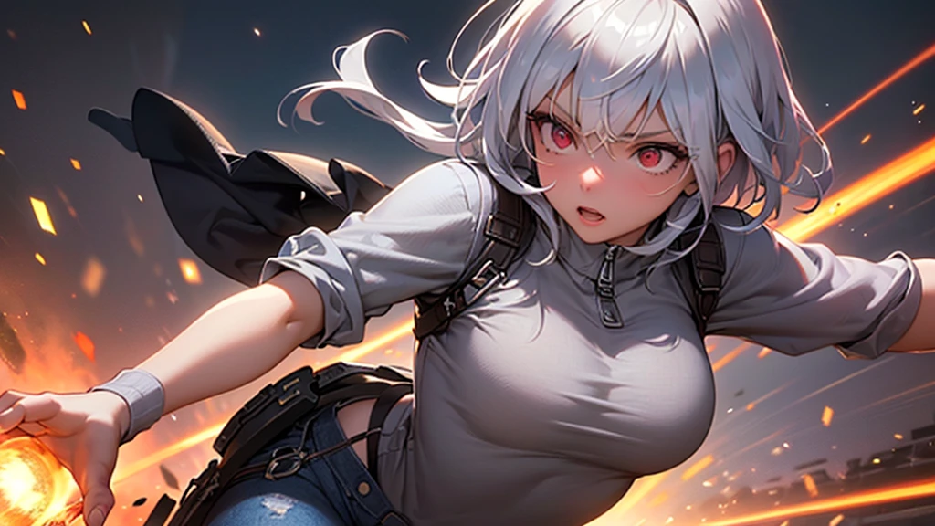 ((super detailed, high resolution, super detailed, top quality, amazing, top quality, highly detailed CG Unity 8k wallpaper, cinematic lighting)),) close A woman of the future is on the battlefield where the survival of mankind is at stake. She is wearing a white tank top under a zip-up hoodie and denim hot pants ((light brown paper bob cut with red eyes)), shooting a ((rail gun)) larger than her height and engaging in a ((dynamic battle)). There are explosion marks all around her, and the woman is fighting bravely alone. The camera is at a pulling angle, looking at the enemy in the distance, not at the camera. The body is depicted in motion, the scene is dynamic, the woman is about to move, the scene is powerful, the woman is (jumping). (fighting in the air), she is dodging her opponent's attack.