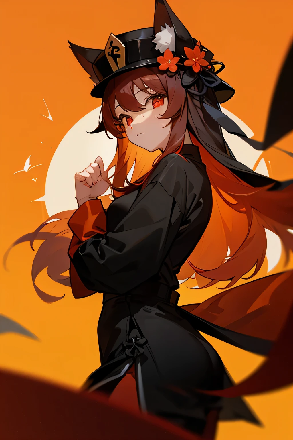 1girl hu tao with (orange hair) orange fox ears orange fox tail red eyes hu tao hat orange long hair black shorts black clothes animal ear fluff, long hair, red eyes, flower, hat, long sleeves, bangs, hat flower, black headwear 