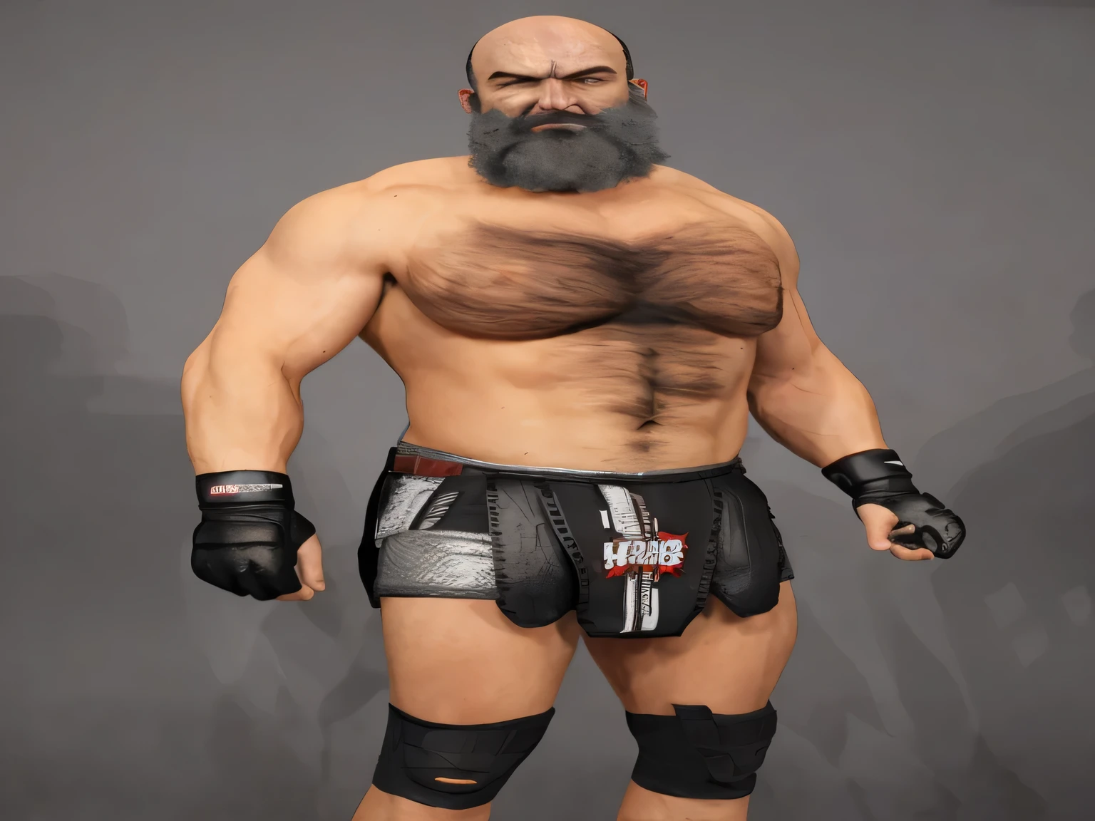 ((masterpiece, best quality)),bald white man older face with a grey beard hairy chest and a leather wrestling outfit, mma southpaw stance, thick beard highly detailed, robust stocky body, as a character in tekken, big beard, super realistic gritty, posing ready for a fight, manly monster tough guy, knee pads, mma gloves muscular character, highly detailed character, beefy, full human hairy body, gigachad muscular, photo realistic, intricate details