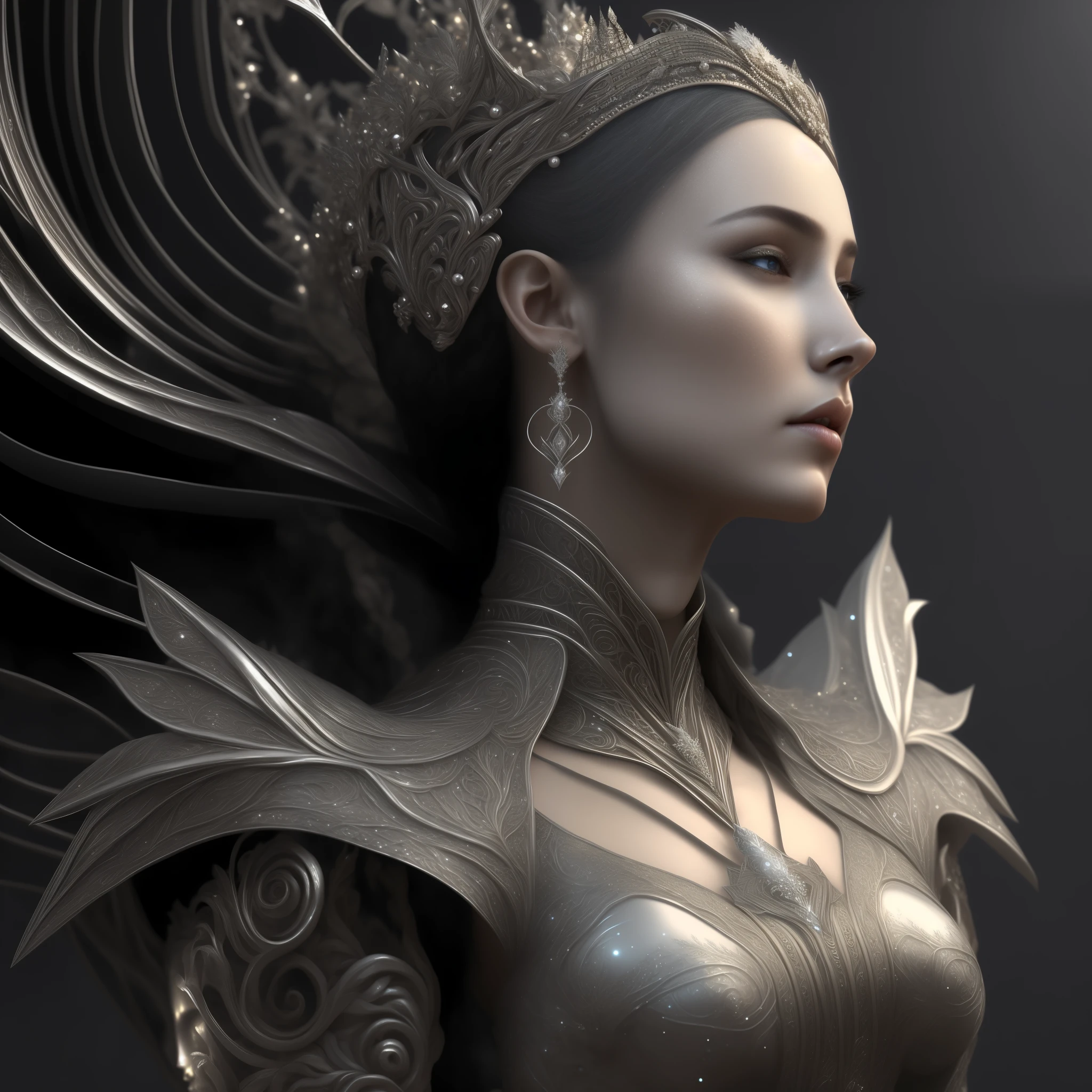 Close-up of a woman wearing a silver dress and crown, Beautiful and elegant elf queen, Stunning fantasy 3D rendering, Beautiful elves and gorgeous robes, fantasy woman, beautiful fantasy queen, Beautiful and elegant female elf, goddess. extremely high detail, portrait of queen, Super detailed fantasy characters, 精灵portrait of queen