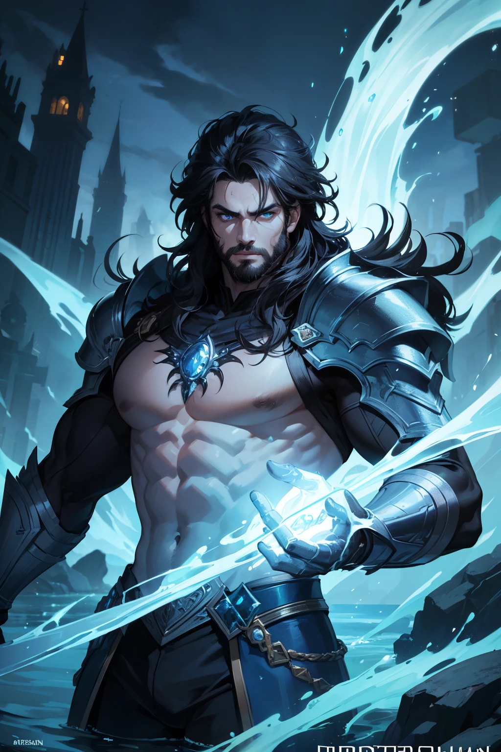 ((Perfectly Detailed Eye Rendering)), close up:1.2, Create an image that depicts Hades, inspired by the book descriptions of Hades and Persephone, written by Scarlett St. Clair. Hades is described as an imposing and seductive Greek god with a dark and powerful aura. He possesses a tall stature and a sculpted body, emanating strength and authority. Her black hair is long and dense, falling in seductive waves over her broad shoulders. (((His deep eyes are the most intense blue color))), conveying a magnetic mystery. He has majestic black horns that curve elegantly around his head, further underscoring his divine nature. The expression on his face reflects a piercing gaze, full of power and knowledge of the dark world he rules. His skin is pale as the silvery light of the moon, contrasting with the gloomy scenery around him. In addition, Hades is depicted wearing elegant and majestic costumes, which perfectly match his imposing presence. Their appearance is a balance between beauty and power, attracting both admiration and awe. When creating the image of Hades, be sure to capture his dominant presence, the intensity of his gaze, and the combination of his dark and seductive features. The image should convey the strength and mystery that surrounds it, bringing to life this fascinating Greek god of the underground.