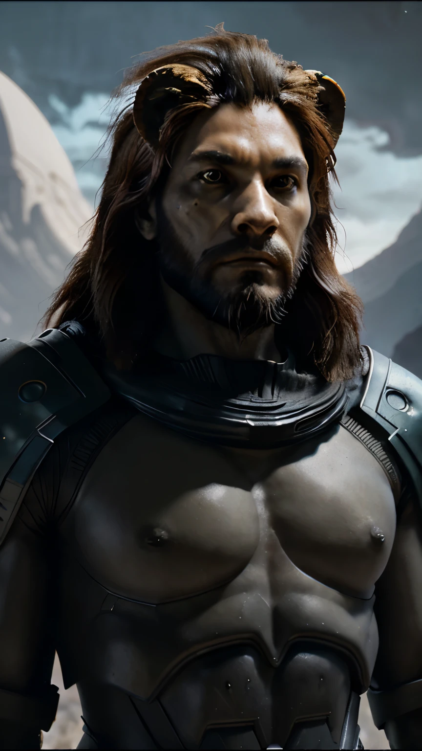 male lion, Male lion mid shot head and shoulders shallow depth of field, f/1.8 with an Futuristic dark landscape,saturn moons,futuristic temple design,pilgrims,cyborg, alien biodiversity,epic matte painting,concept art, Ashley wood style --s