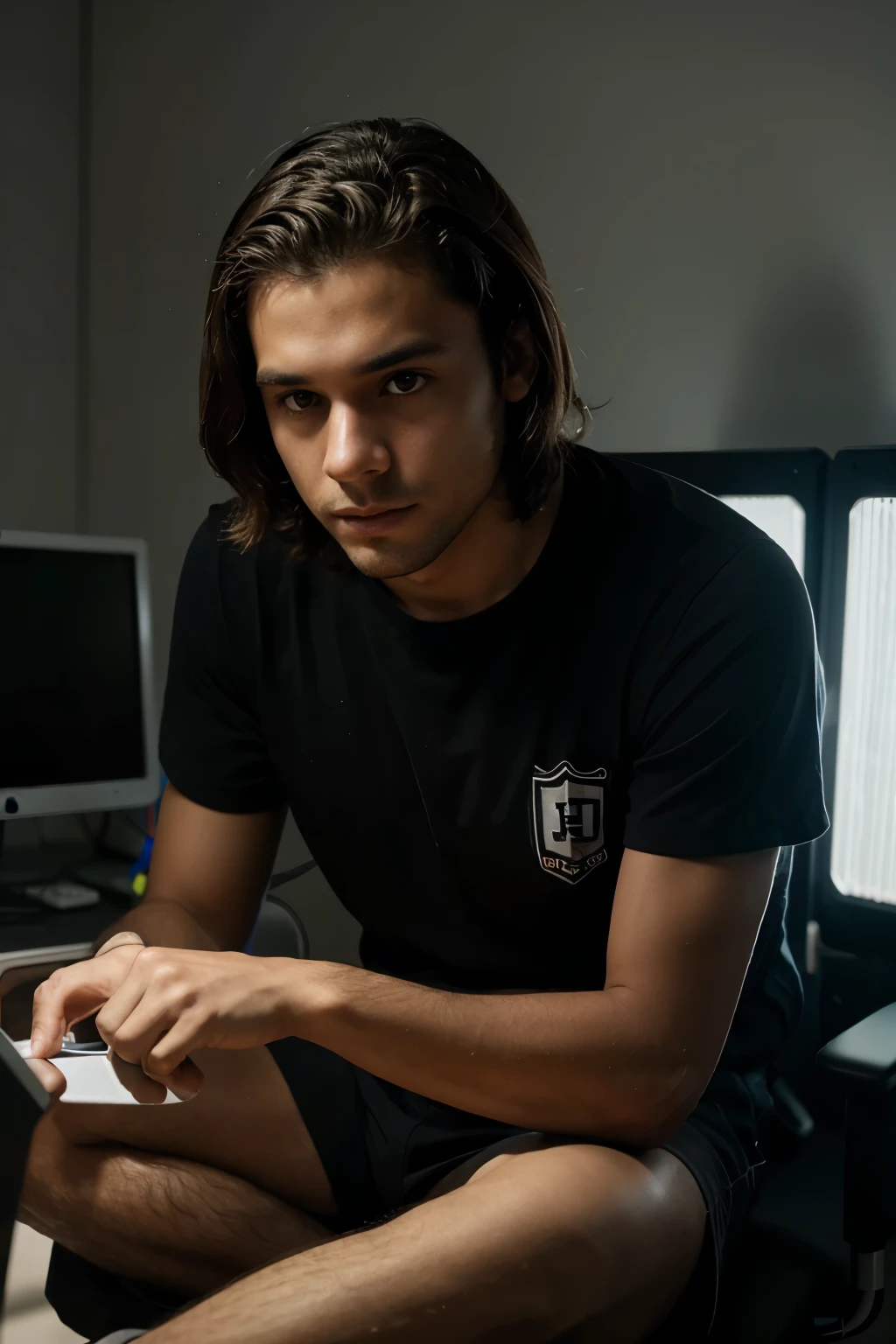 Um menino de cabelo loiro jogando no computador de LED Luz