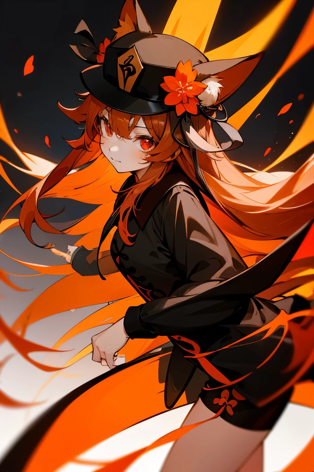 1girl,(orange hair, orange fox ears, orange fox tail, red eyes),  hu tao hat, orange long hair, black shorts, black clothes, animal ear fluff, long hair,  red eyes, flower, hat,black long sleeves, bangs, hat flower, black headwear