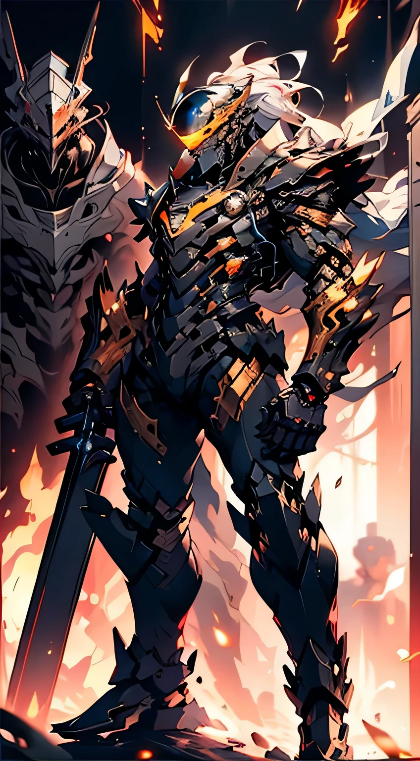A mech, silver-gold long ponytail and waist, V-shaped mechanical helmet, helmet eyes with gold light, wearing a black sexy mech suit, white torn cape swaying in the wind, pull out a delicate gold glowing sword: 1:1, standing in the flames with huge roaring mechanical heads and robotic arms in the background, lifelike, best picture quality, highest definition and clarity, original, surrealism, high detail, futurism, action painting, chiaroscuro, ray tracing, motion blur, cowboy lens, Battle pose drawing, layering, full body display, cyberpunk style, full body photo, holding red saber sword