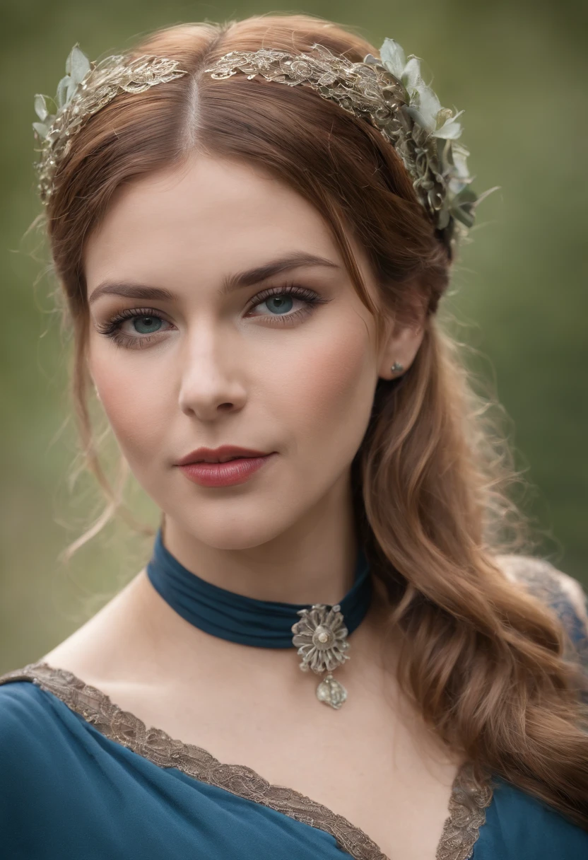 femmes steampunk d&#39;environ 28 ans, cheveux blonds naturels ondulé, yeux verts bleu distinctif  mince et gracieux,, beau,  mise au point ultra nette, tir réaliste, Les vêtements pour femmes romanthique celte , couleur tétradique (cicatrice:1.4) machoire dessiné, nez droit