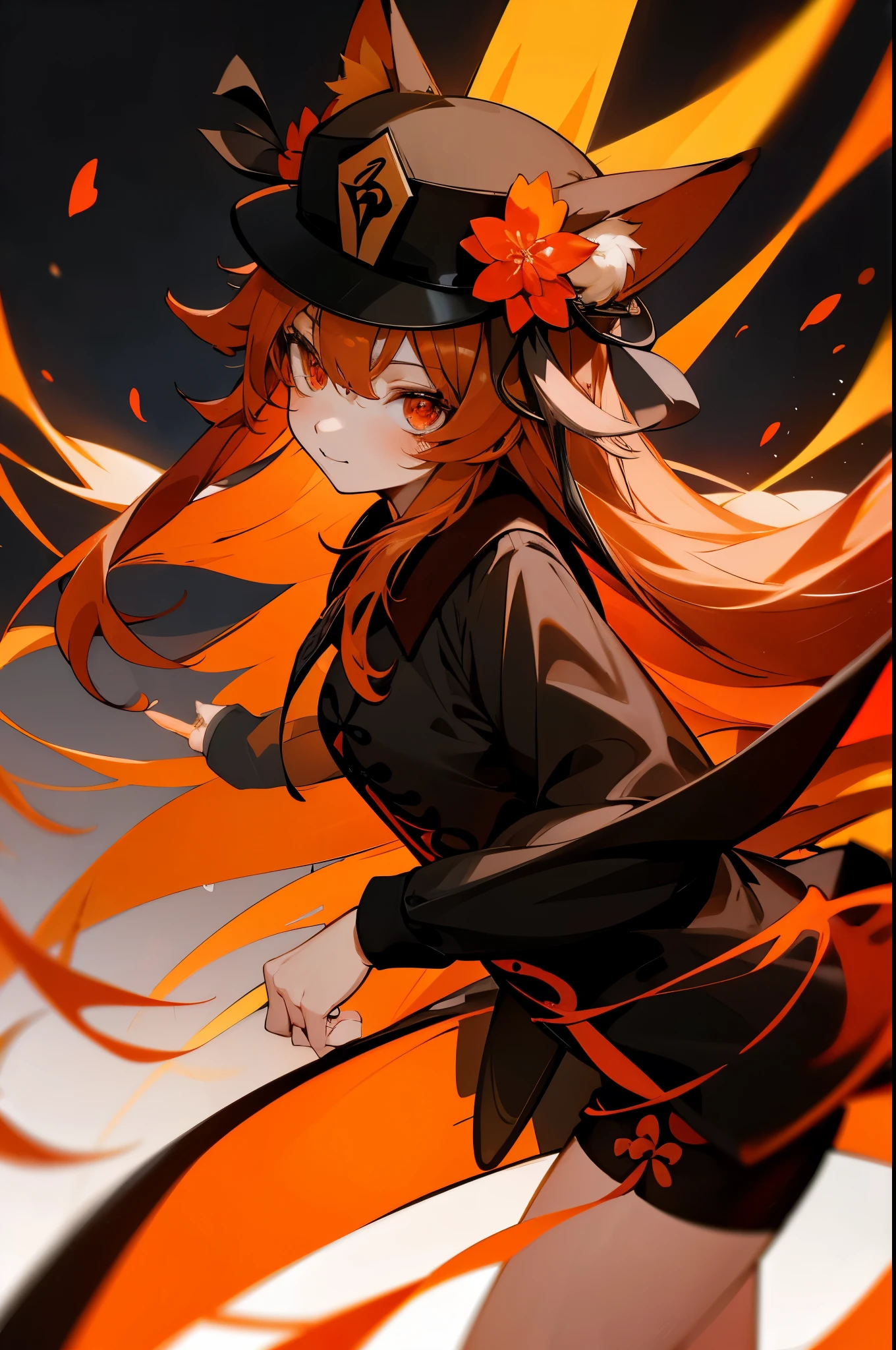 1girl,(orange hair, orange fox ears, orange fox tail, red eyes),  hu tao hat, orange long hair, black shorts, black clothes, animal ear fluff, long hair,  red eyes, flower, hat,black long sleeves, bangs, hat flower, black headwear